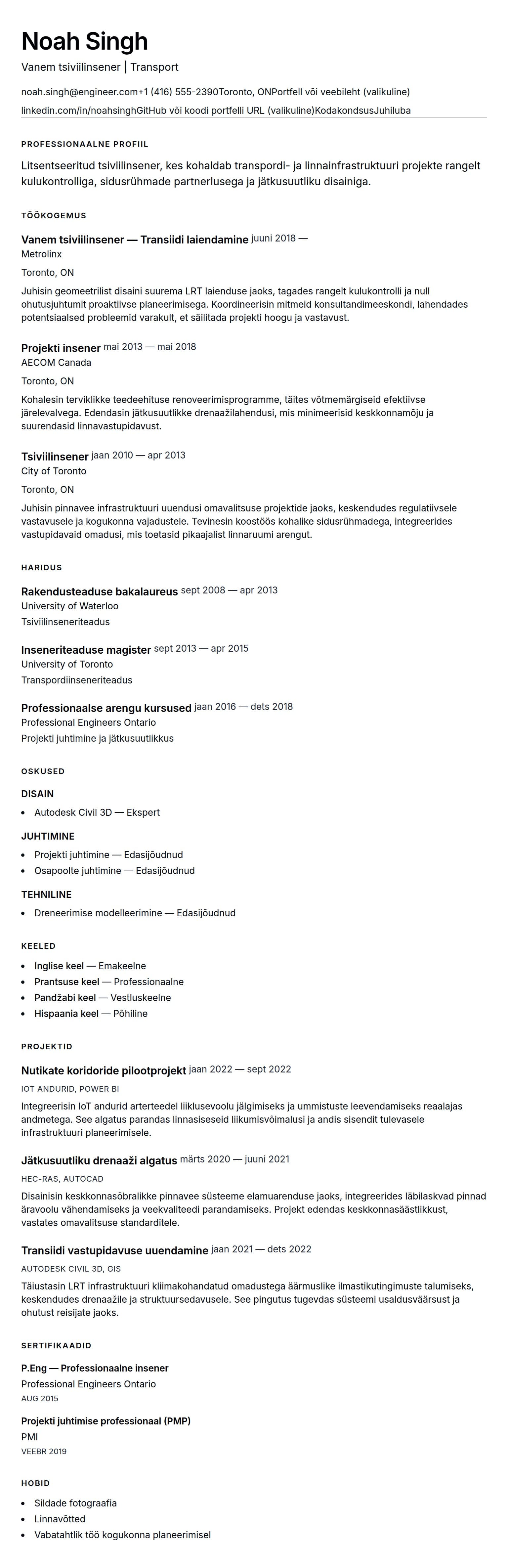 CV eelvaade Tsiviilinseneri CV näide jaoks