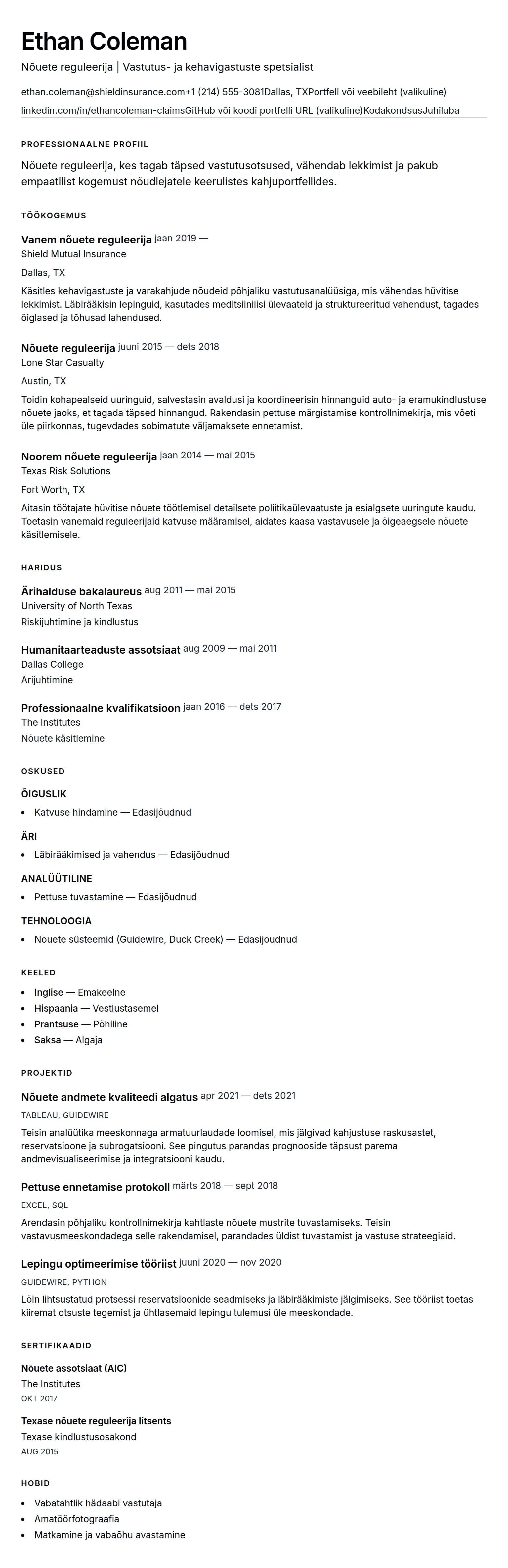 CV eelvaade Nõuete reguleerija CV näide jaoks