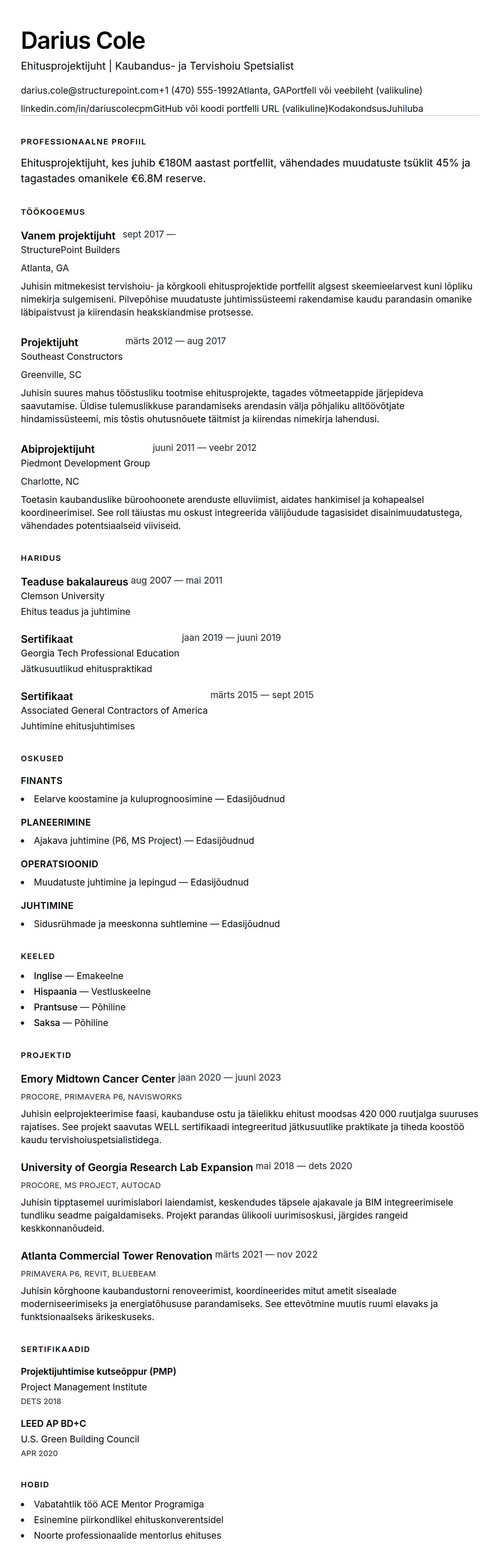 CV eelvaade Ehitusprojektijuhi CV näidis jaoks