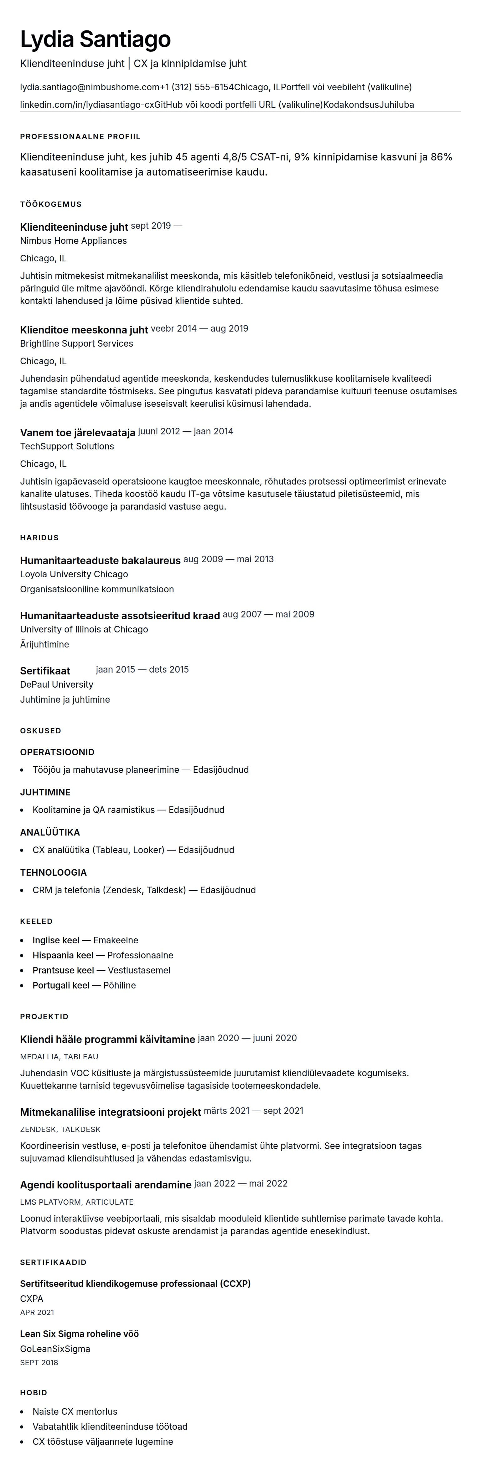 Klienditeeninduse juhi CV näide