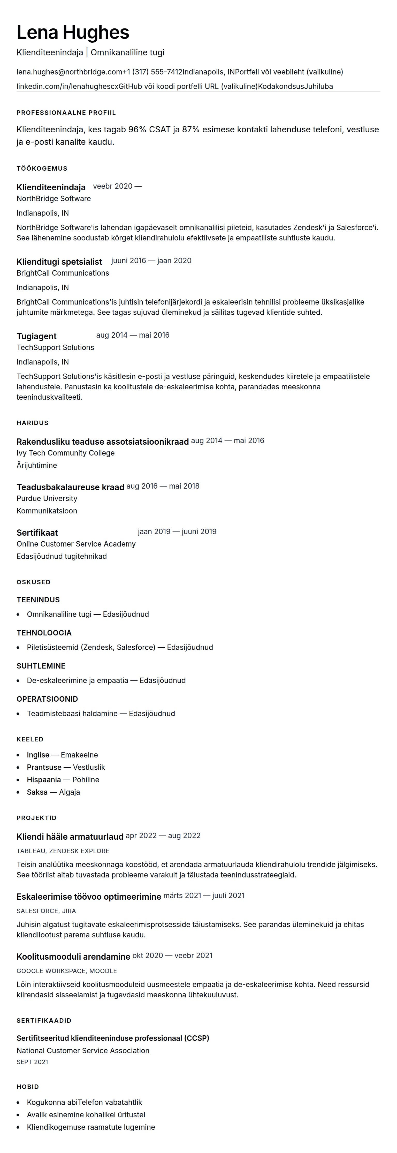 CV eelvaade Klienditeenindaja CV näidis jaoks
