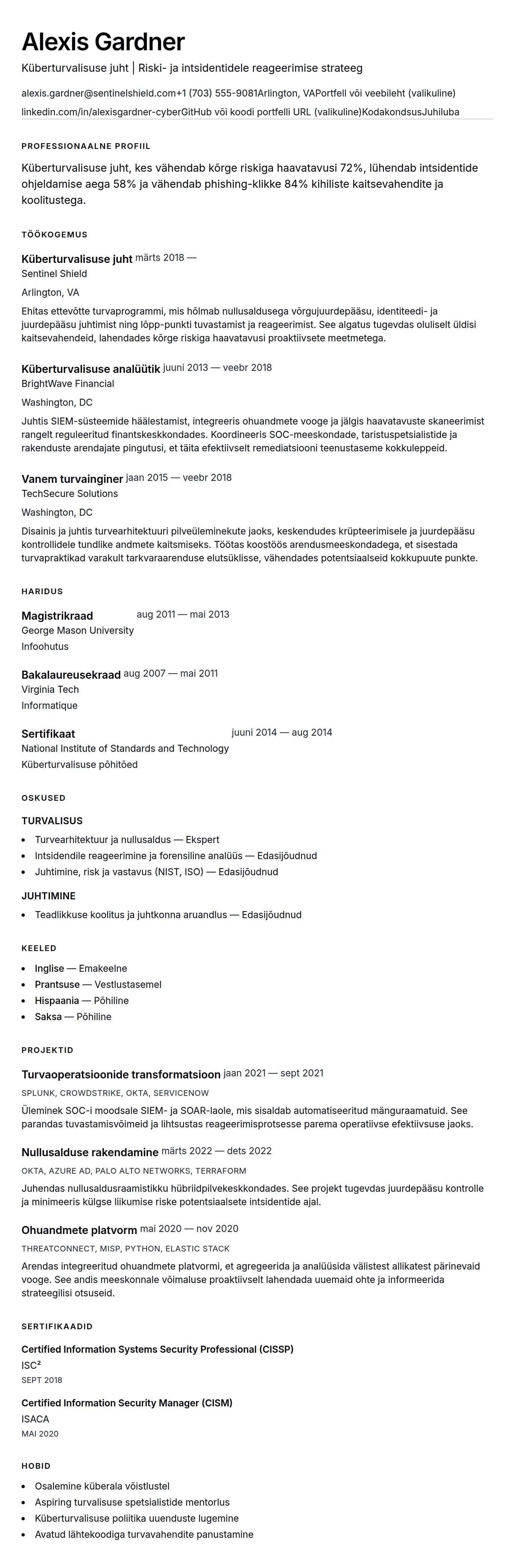 CV eelvaade Küberturvalisuse spetsialisti CV näidis jaoks