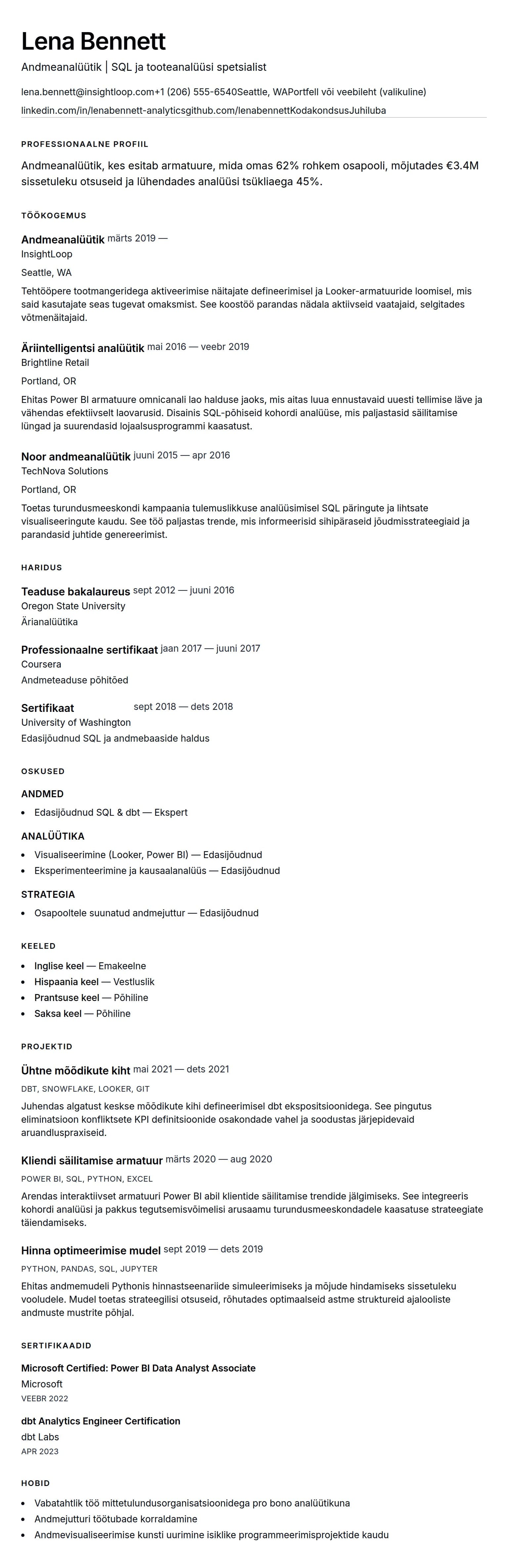 CV eelvaade Andmeanalüütiku CV näidis jaoks