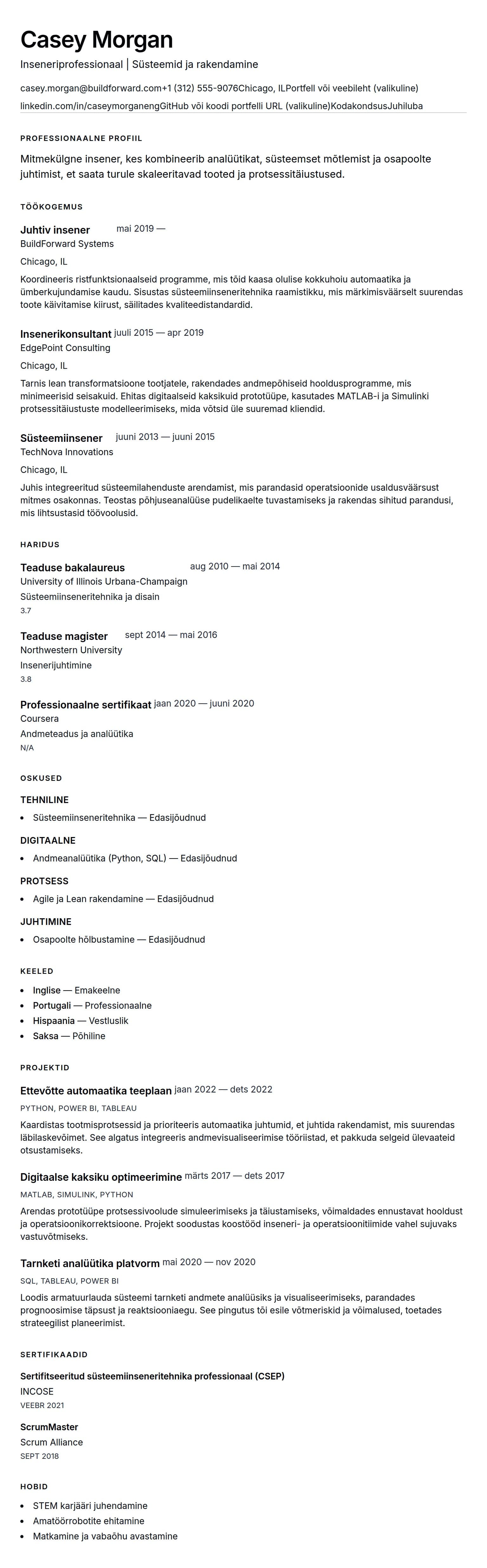 CV eelvaade Inseneri CV näide jaoks