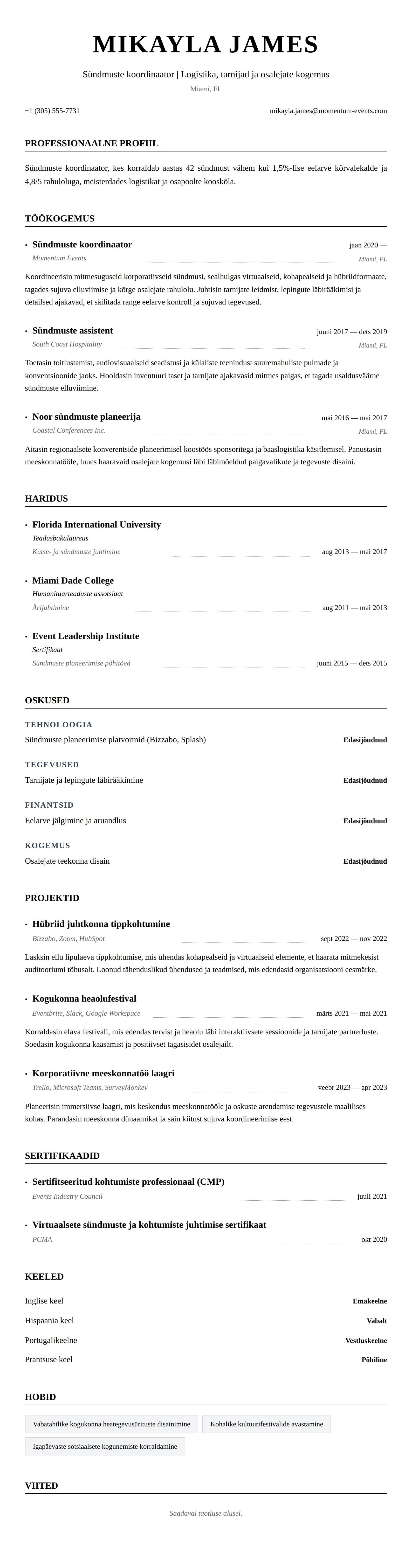 CV eelvaade Sündmuste koordinaatori CV näide jaoks