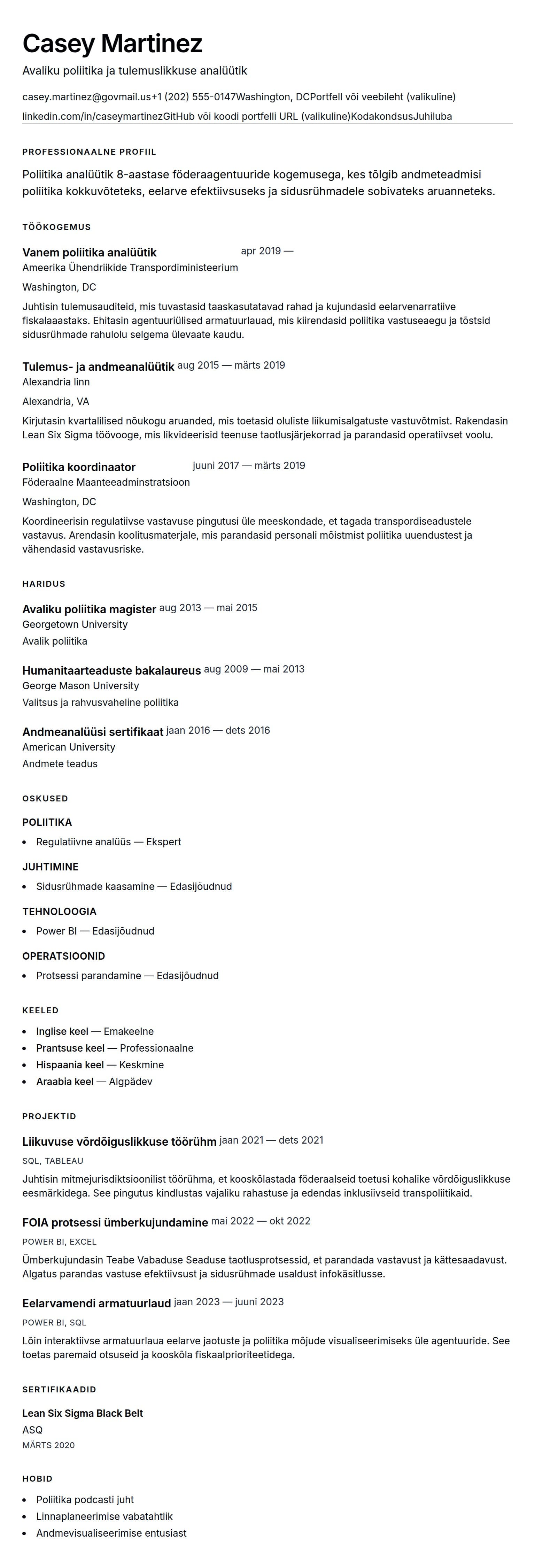 CV eelvaade Valitsuse analüütiku CV näide jaoks