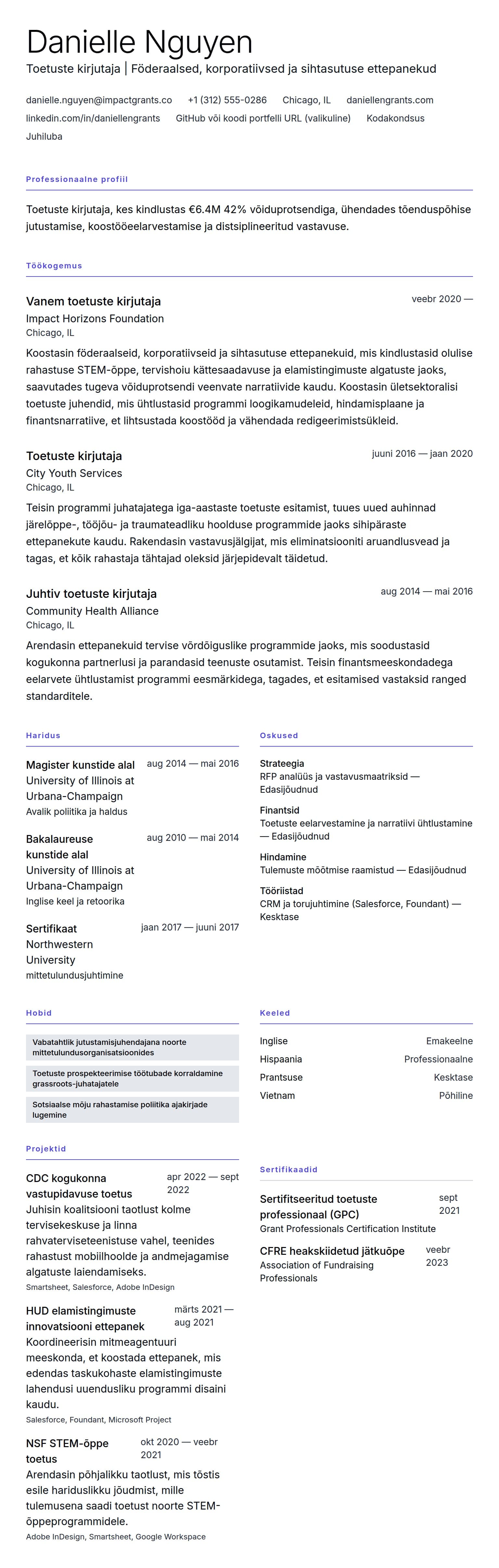 CV eelvaade Toetuste kirjutaja CV näide jaoks
