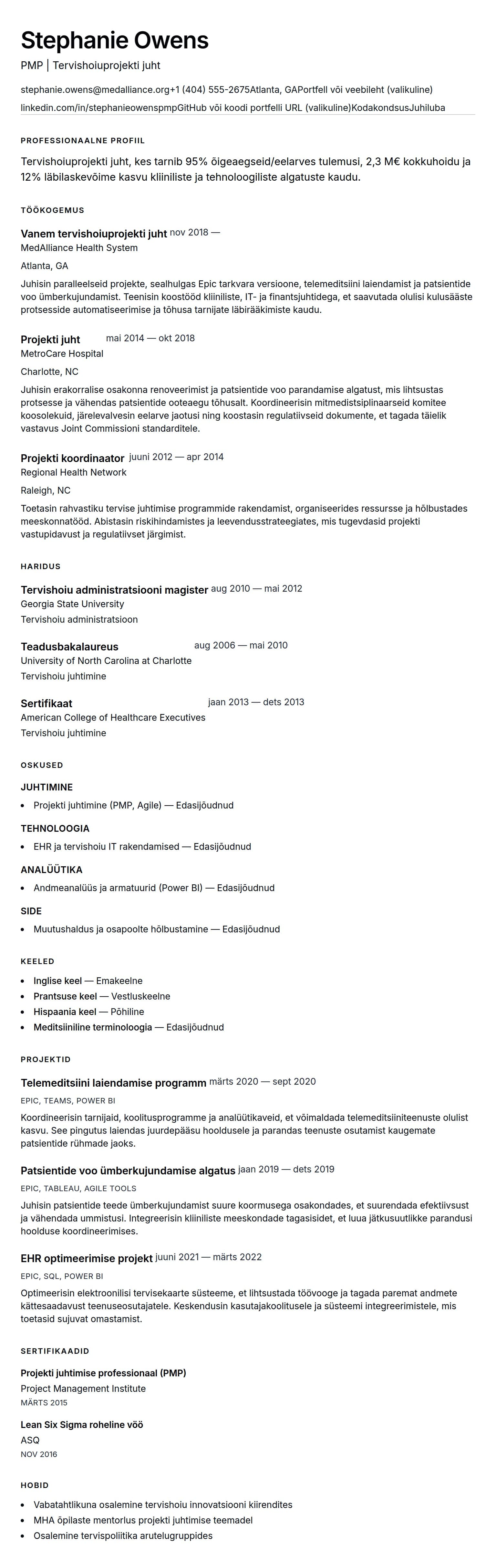 CV eelvaade Tervishoiuprojekti juhi CV näidis jaoks