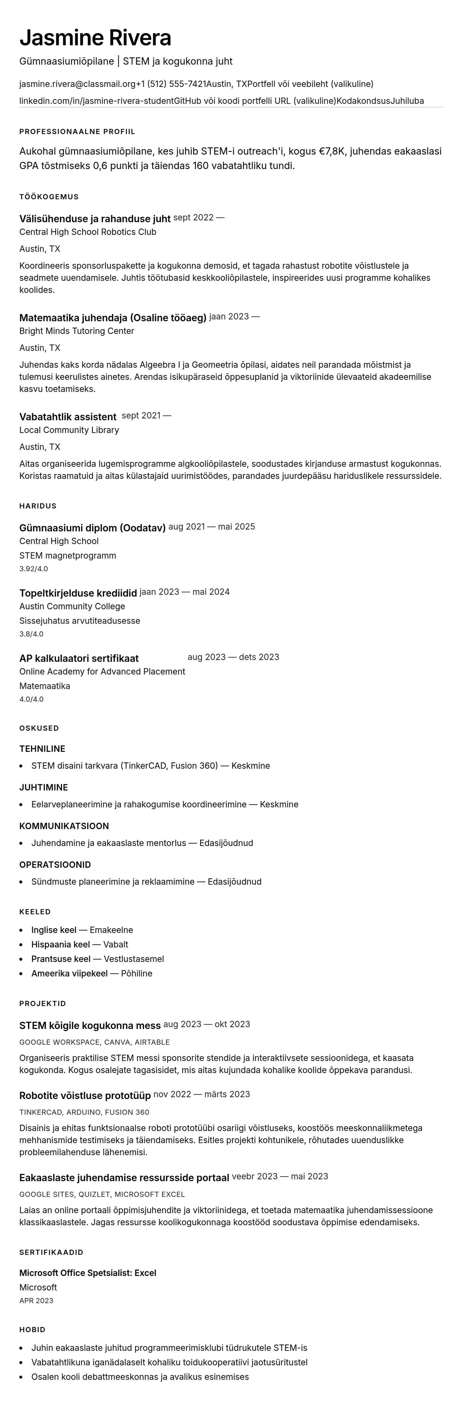 CV eelvaade Gümnaasiumiõpilase CV näide jaoks