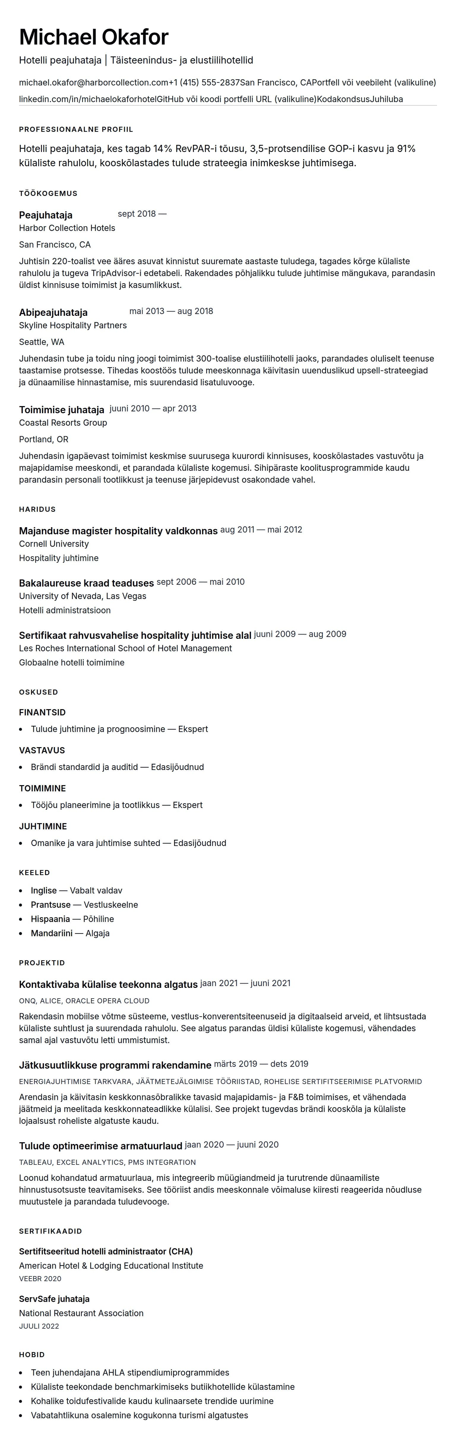 CV eelvaade Hotelli juhtimise CV näide jaoks