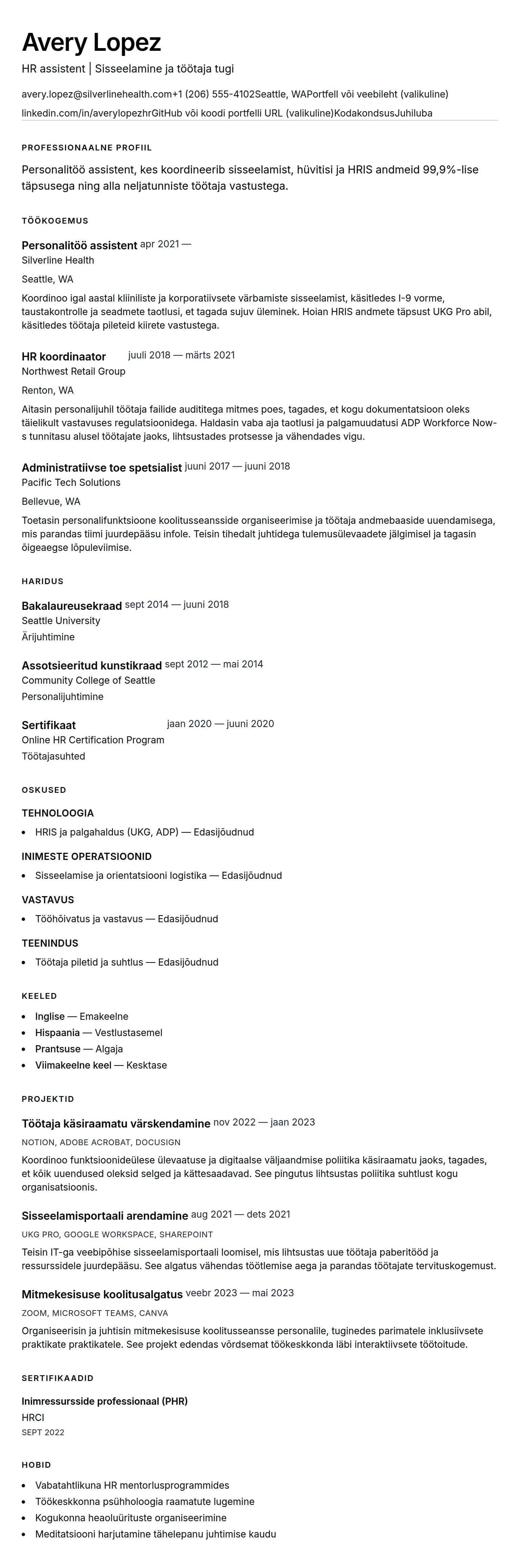 CV eelvaade Personalitöö assistendi CV näidis jaoks