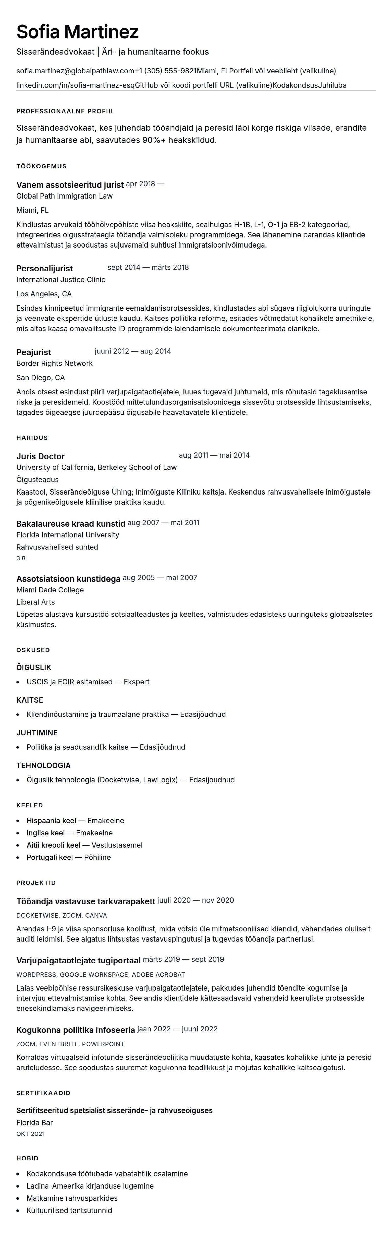 CV eelvaade Sisserändeadvokaadi CV näide jaoks