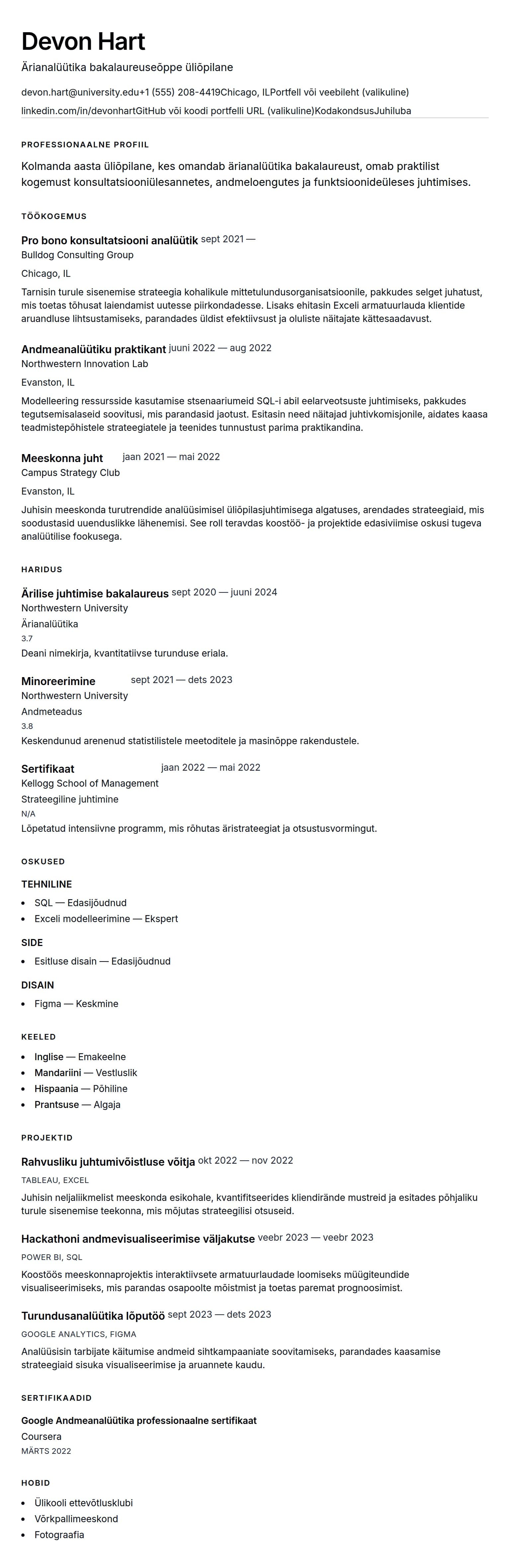 CV eelvaade Praktika CV näide jaoks