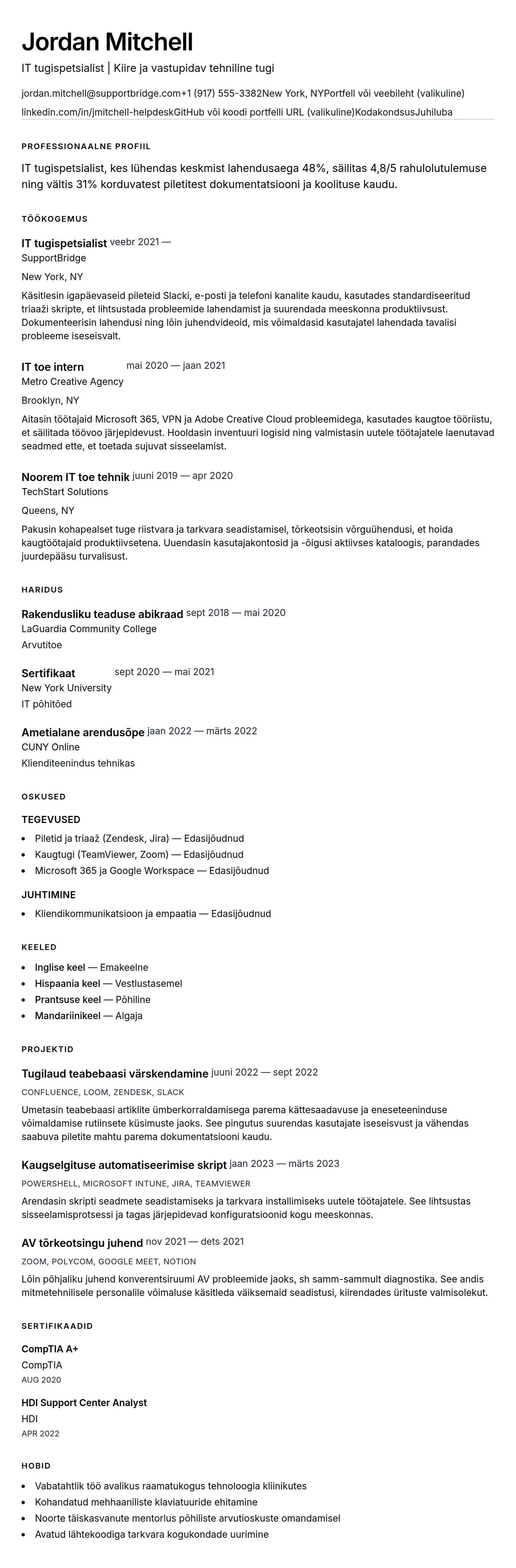 CV eelvaade IT tugilaud Resümee näide jaoks