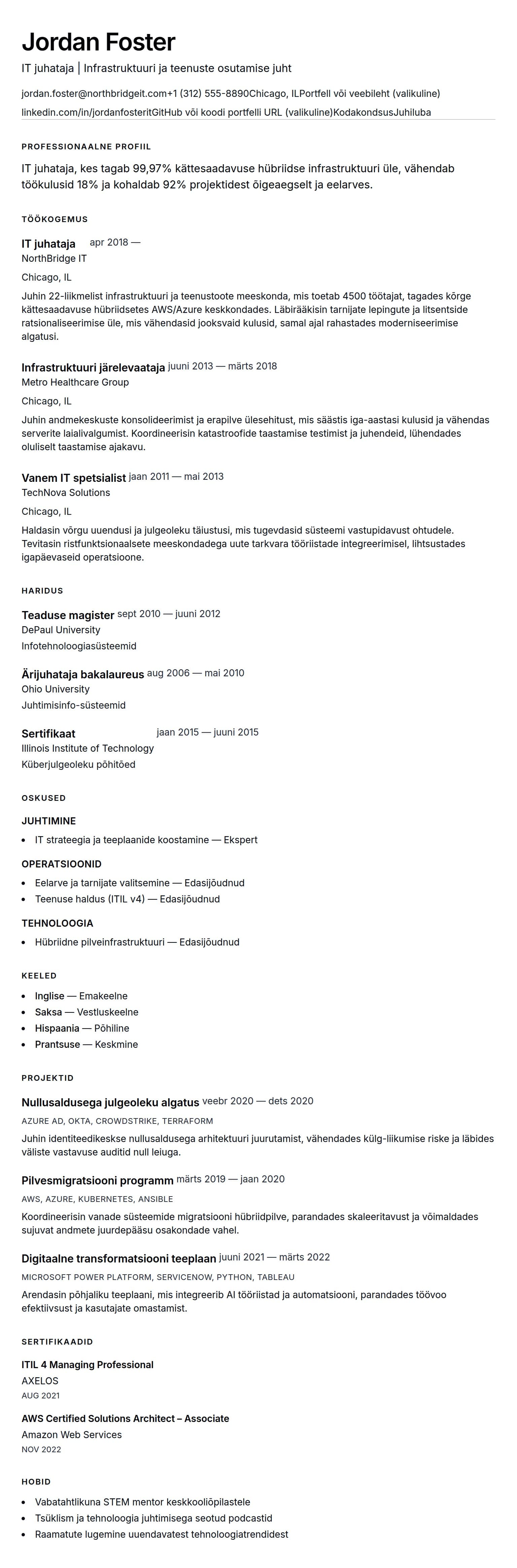 CV eelvaade IT juhataja CV näide jaoks