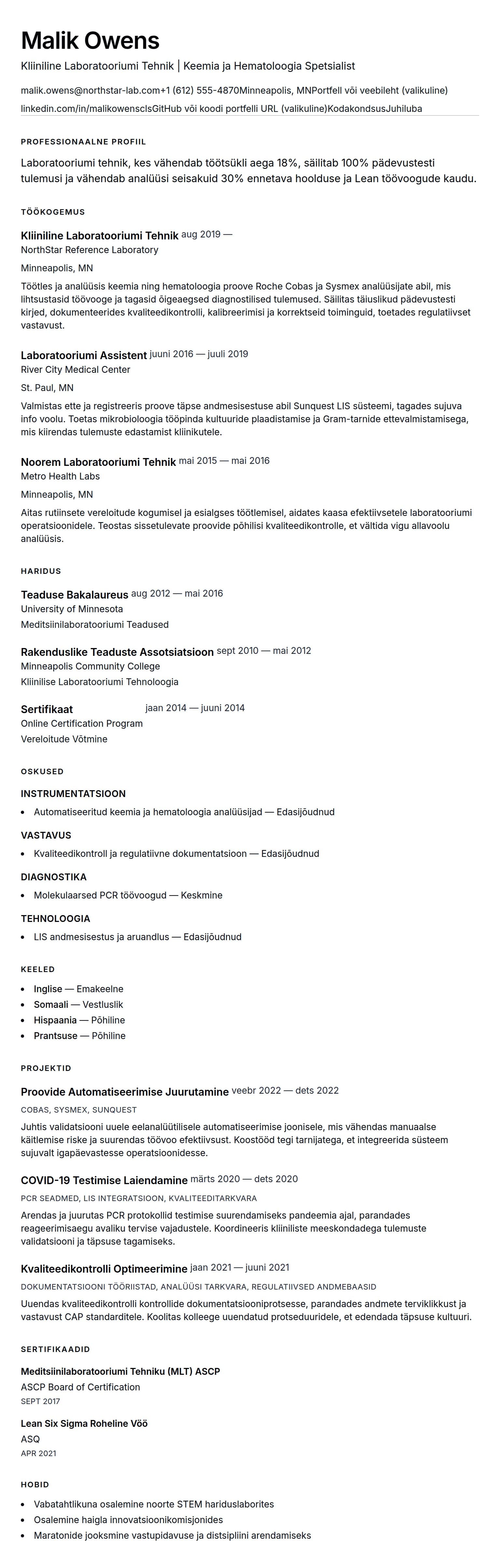 CV eelvaade Laboratooriumi Tehniku CV Näidis jaoks
