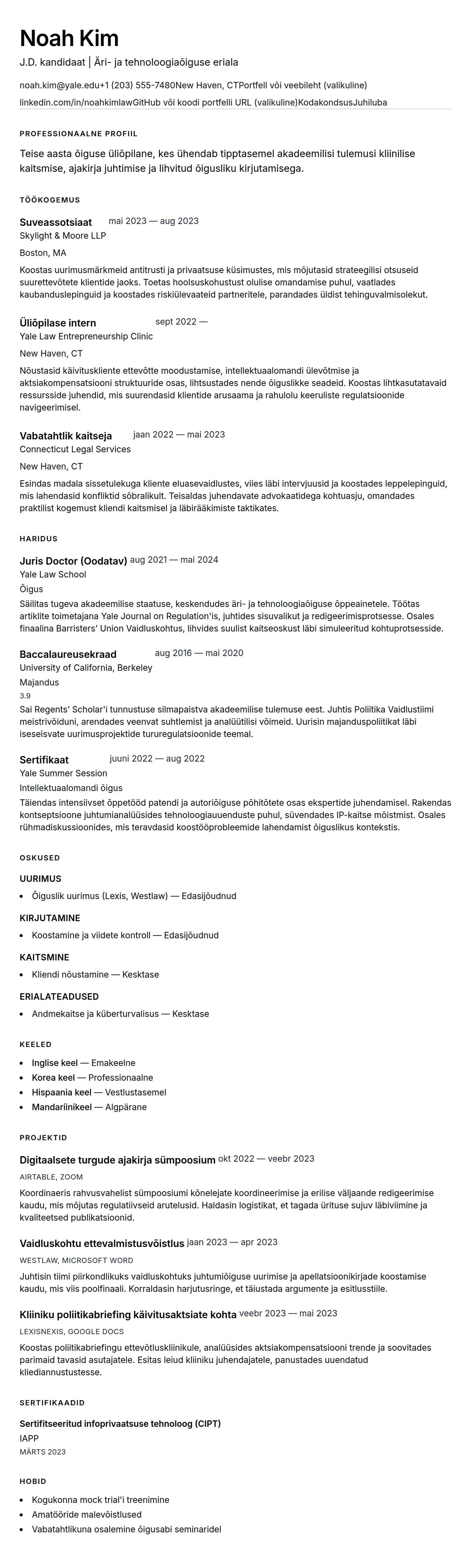 CV eelvaade Õigusteaduskonna üliõpilase CV näide jaoks