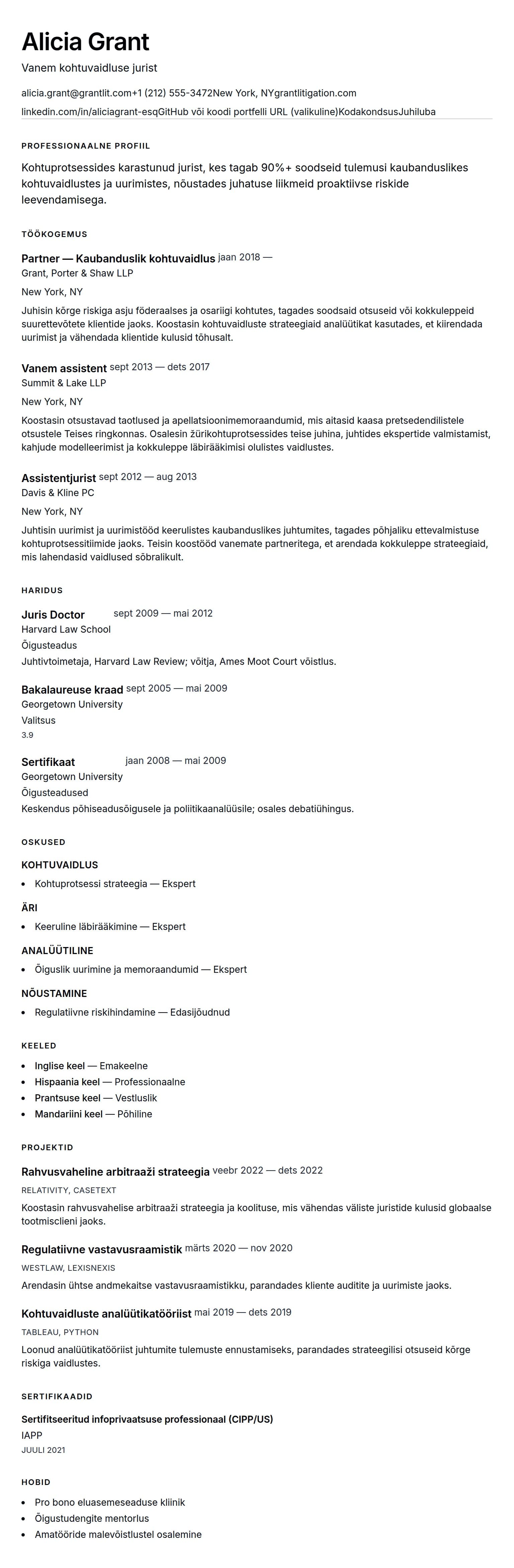 CV eelvaade Advokaadi CV näidis jaoks