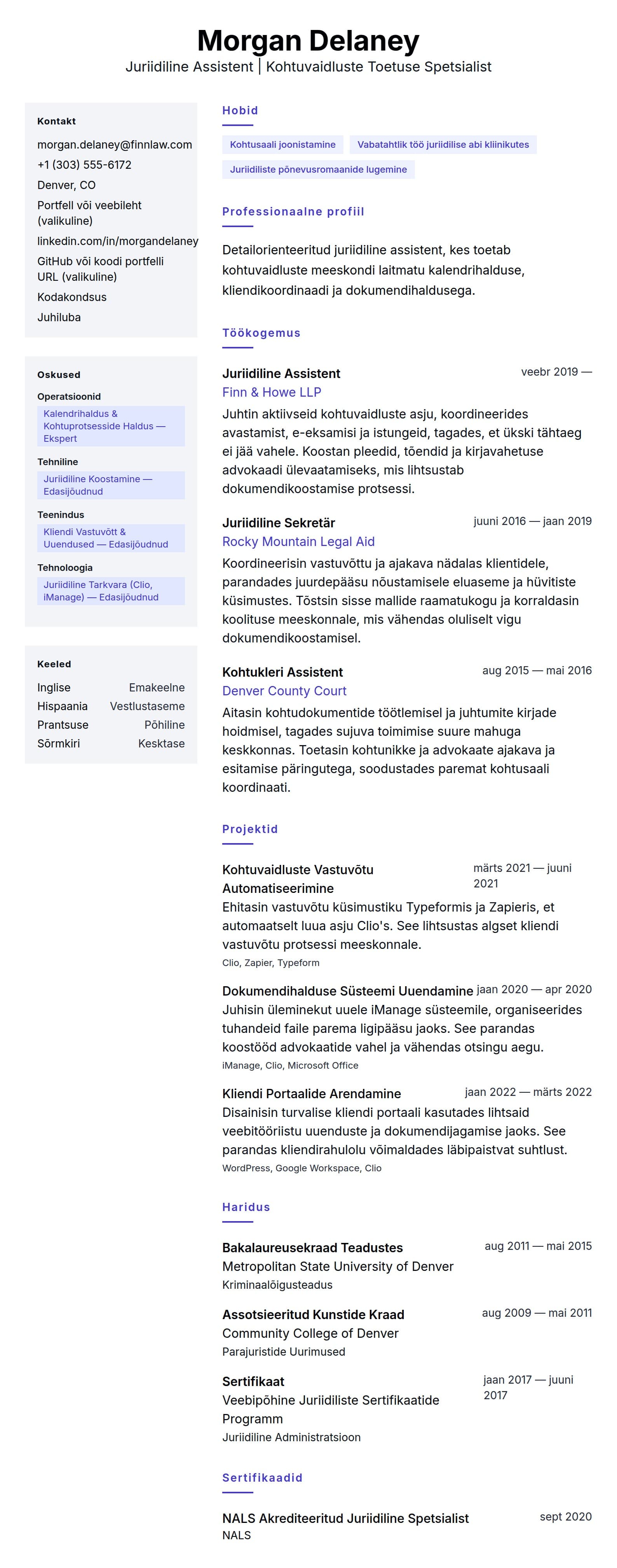 CV eelvaade Juriidilise Assistendi CV Näidis jaoks