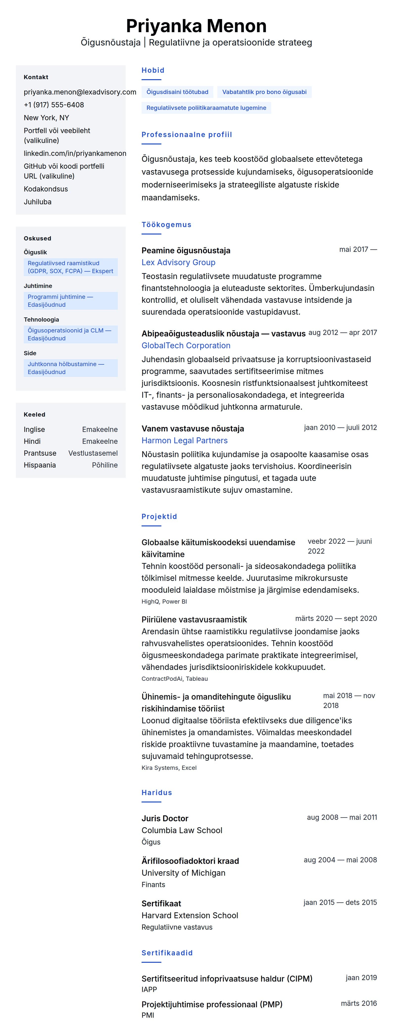 CV eelvaade Õigusnõustaja CV näidis jaoks