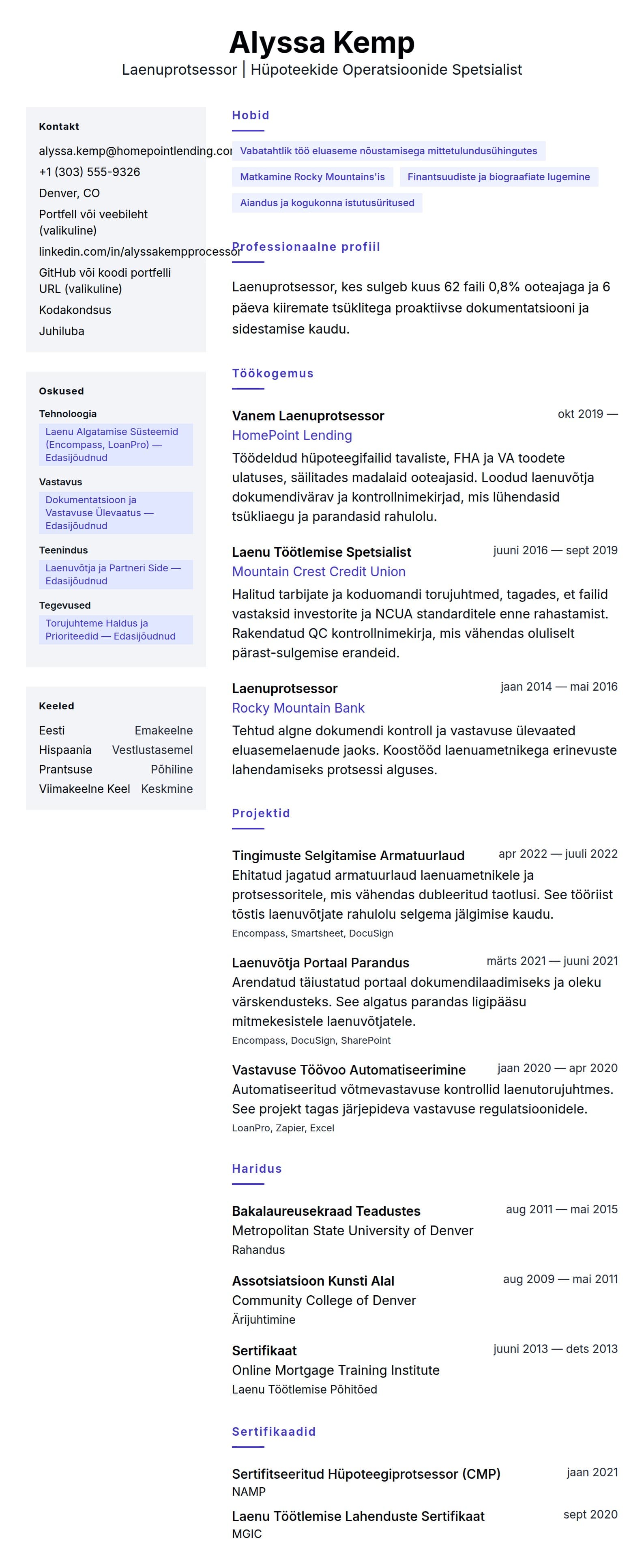 CV eelvaade Laenuprotsessori CV Näidis jaoks