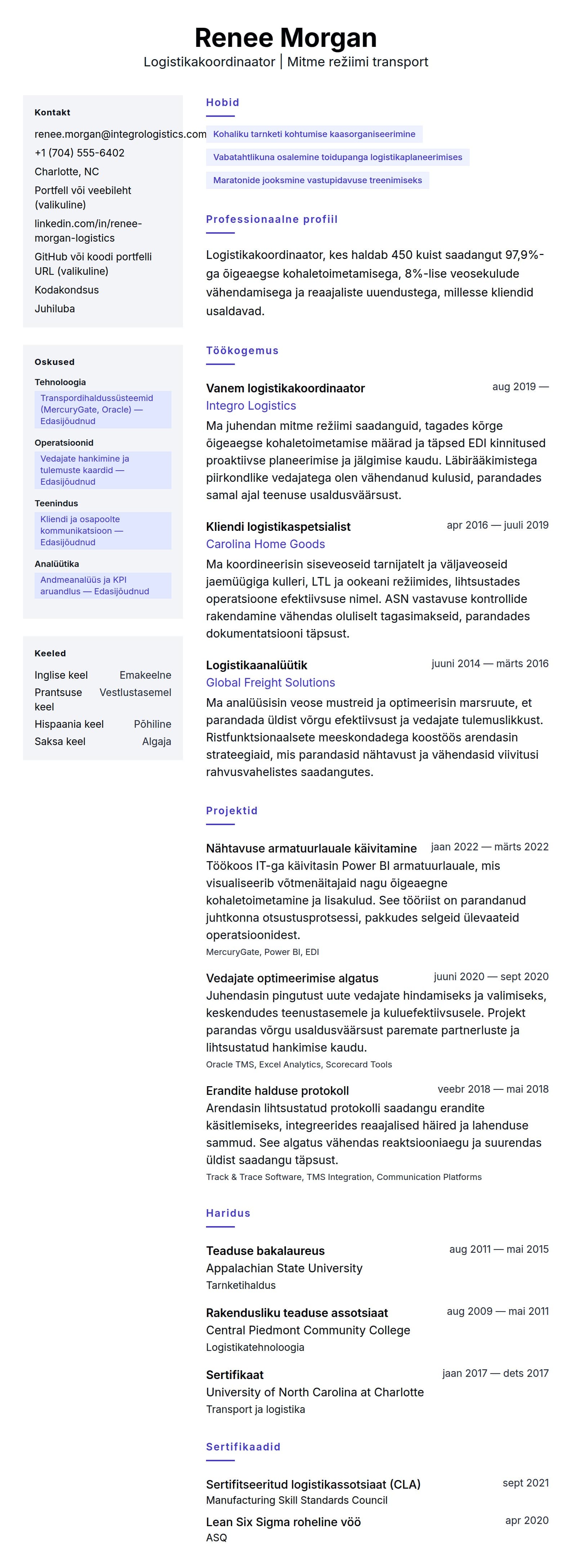 CV eelvaade Logistikakoordinaatori CV näide jaoks