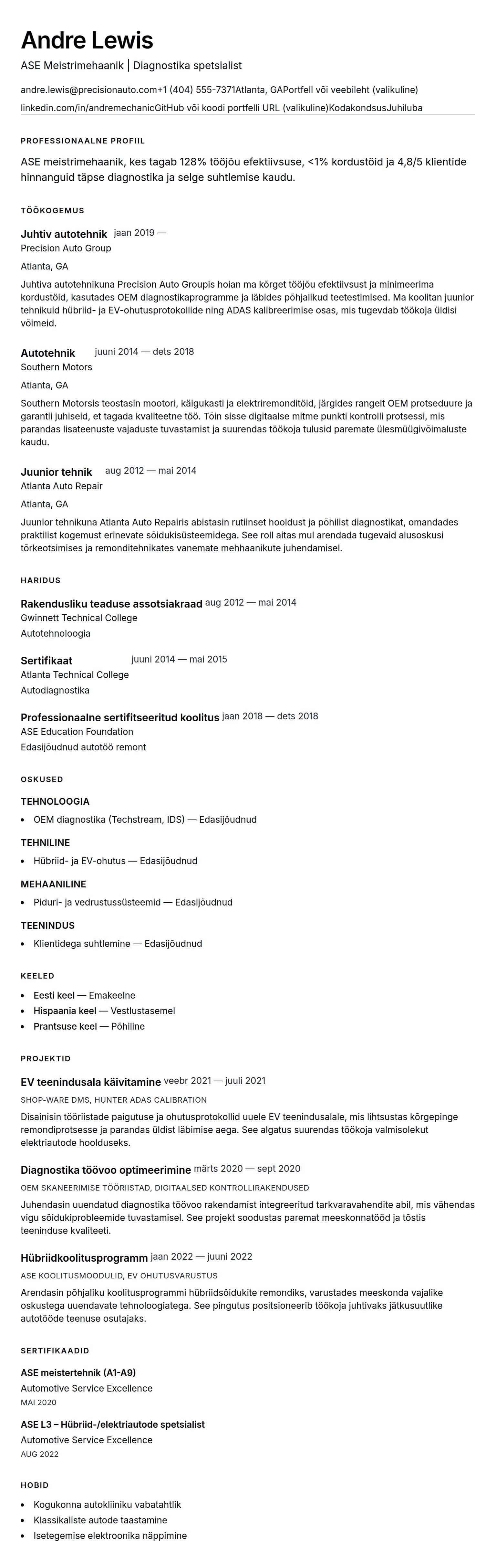 CV eelvaade Mehaaniku CV näidis jaoks