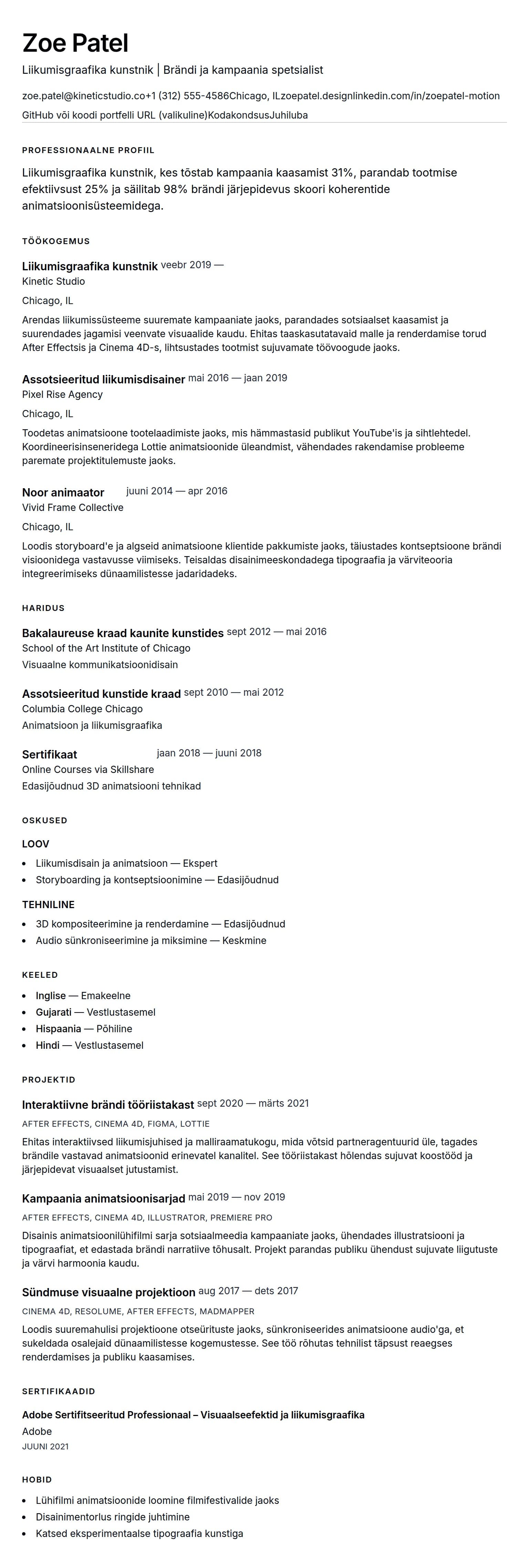 Näidis liikumisgraafika kunstniku CV