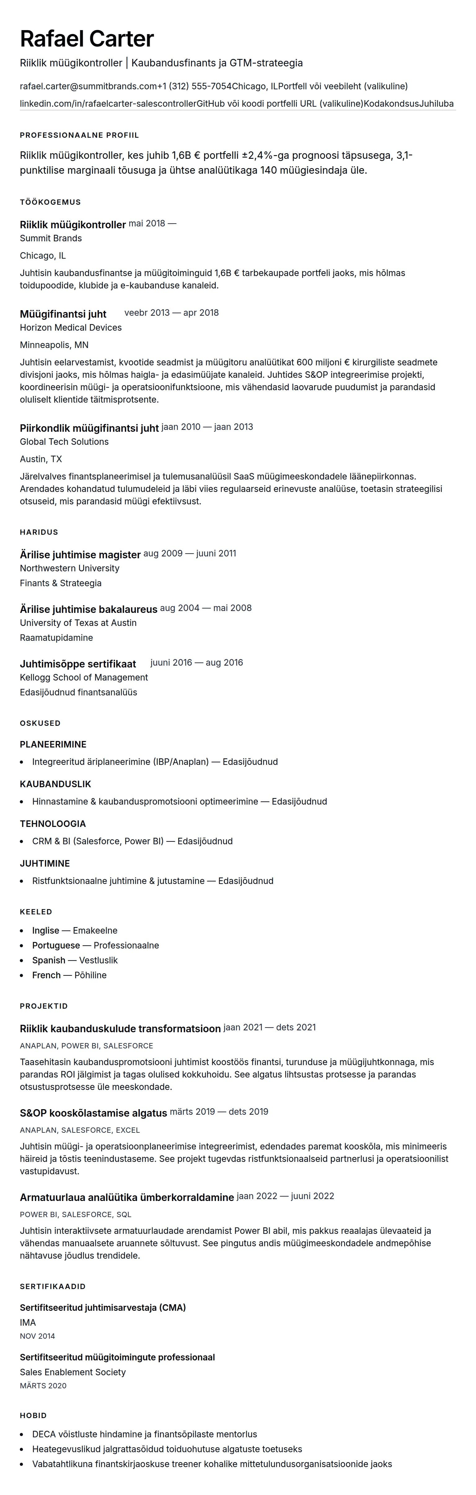 CV eelvaade Näide riikliku müügikontrolleri CV-st jaoks