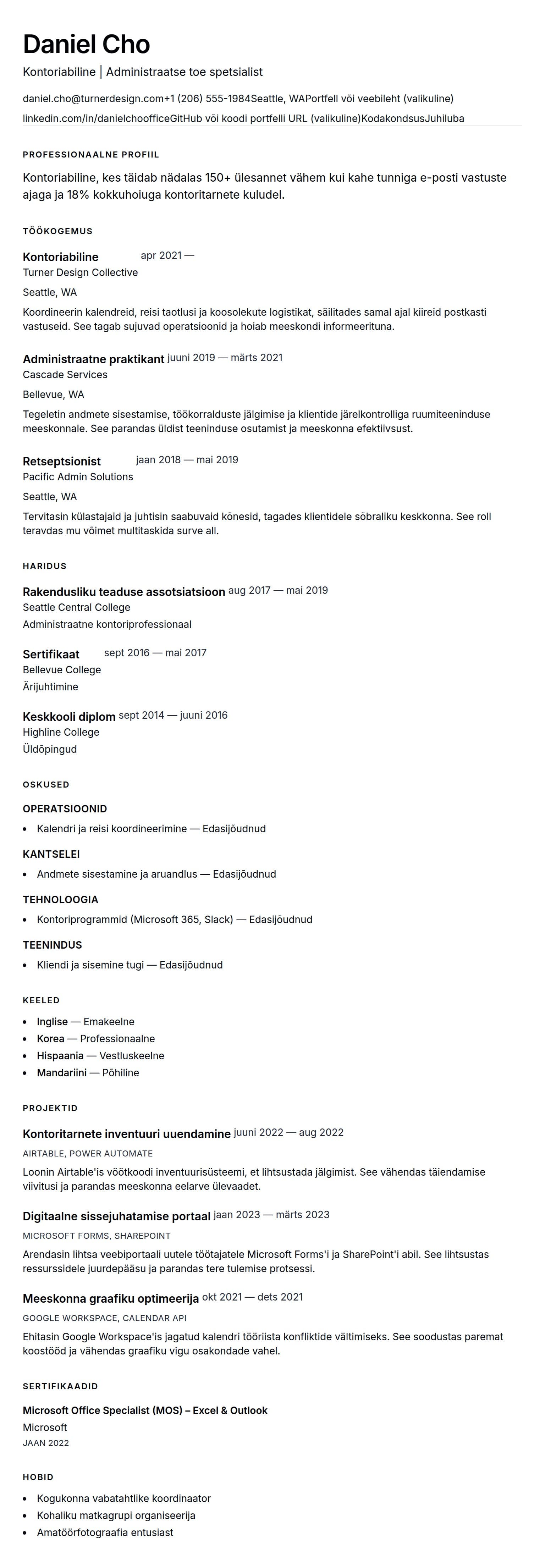 CV eelvaade Kontoriabilise CV näide jaoks
