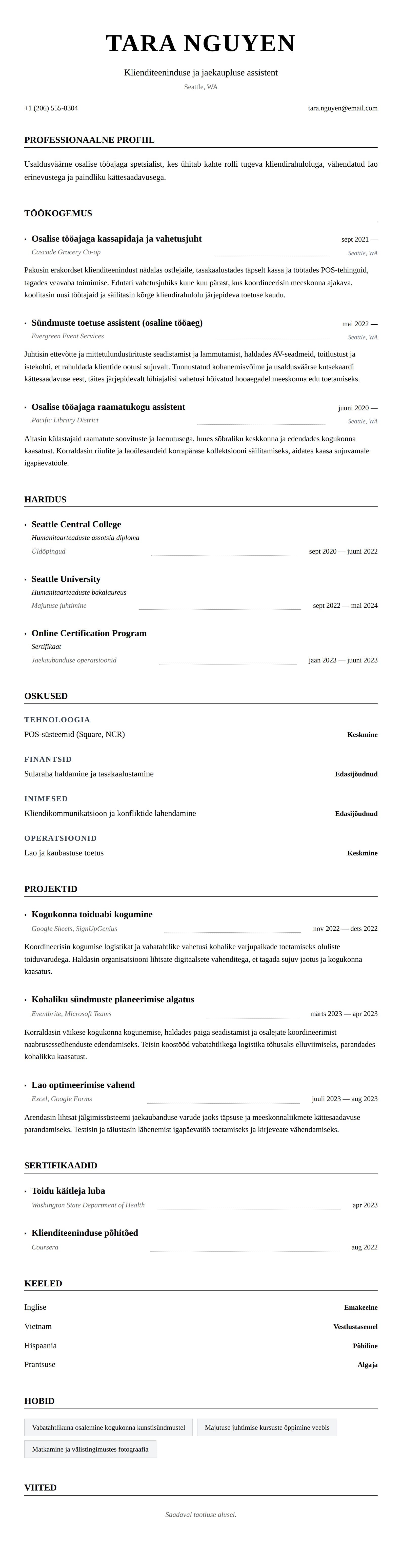 CV eelvaade Osalise tööajaga töö eluloo näide jaoks