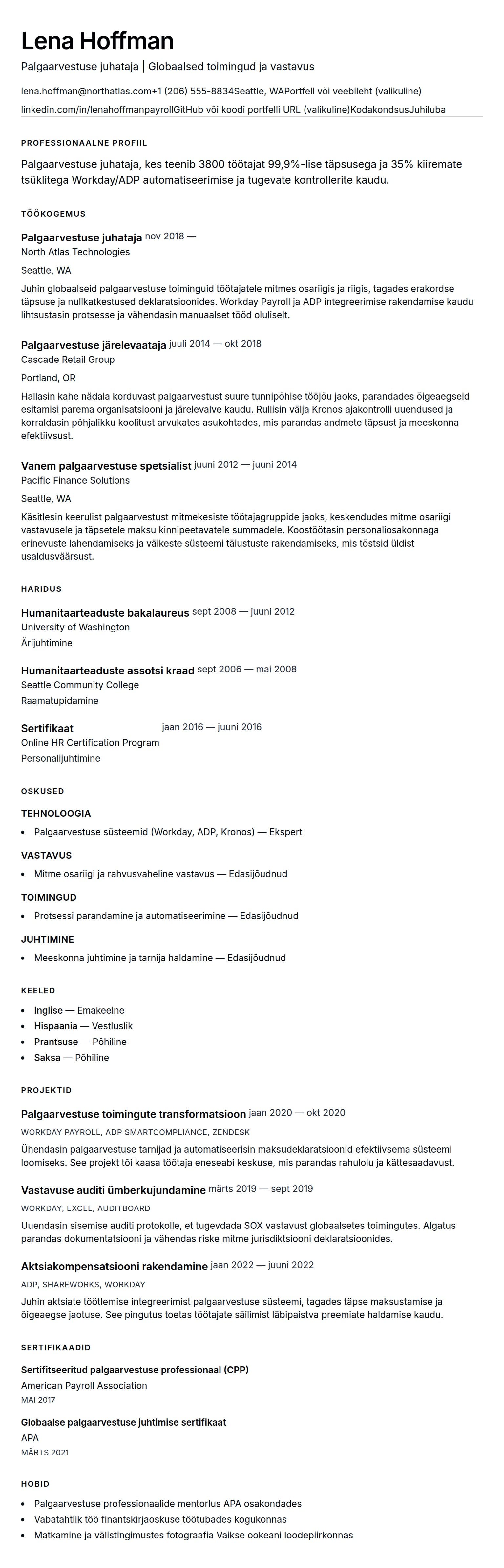 CV eelvaade Palgaarvestuse juhataja CV näidis jaoks