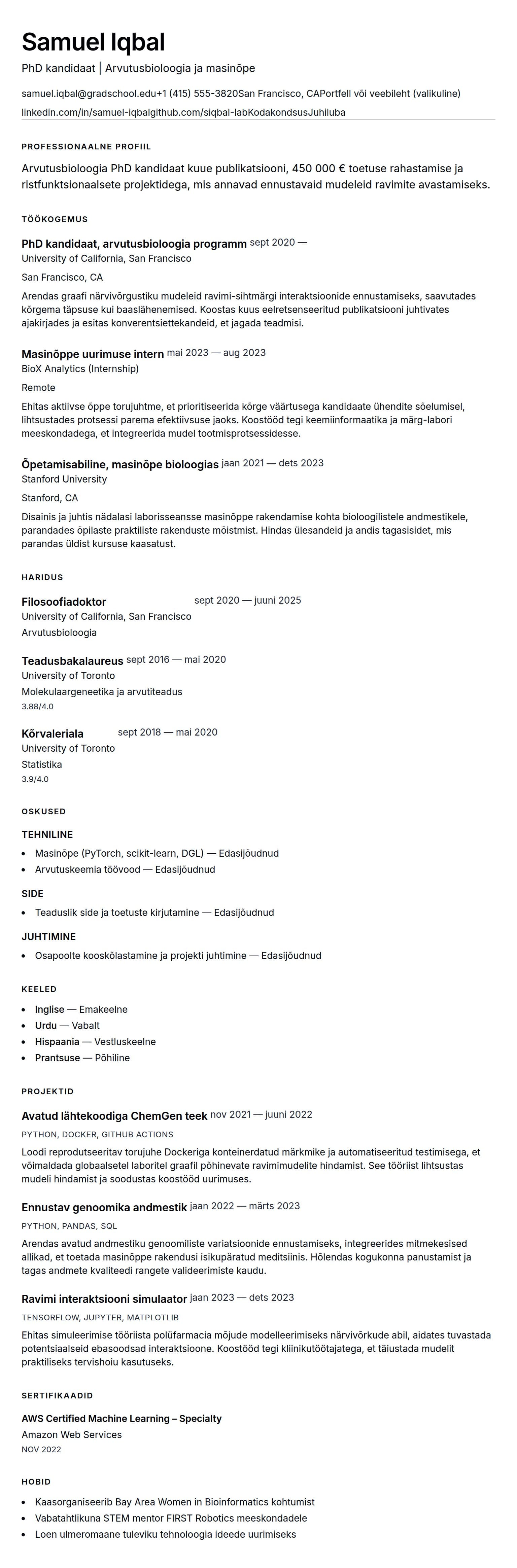 CV eelvaade PhD CV näide jaoks