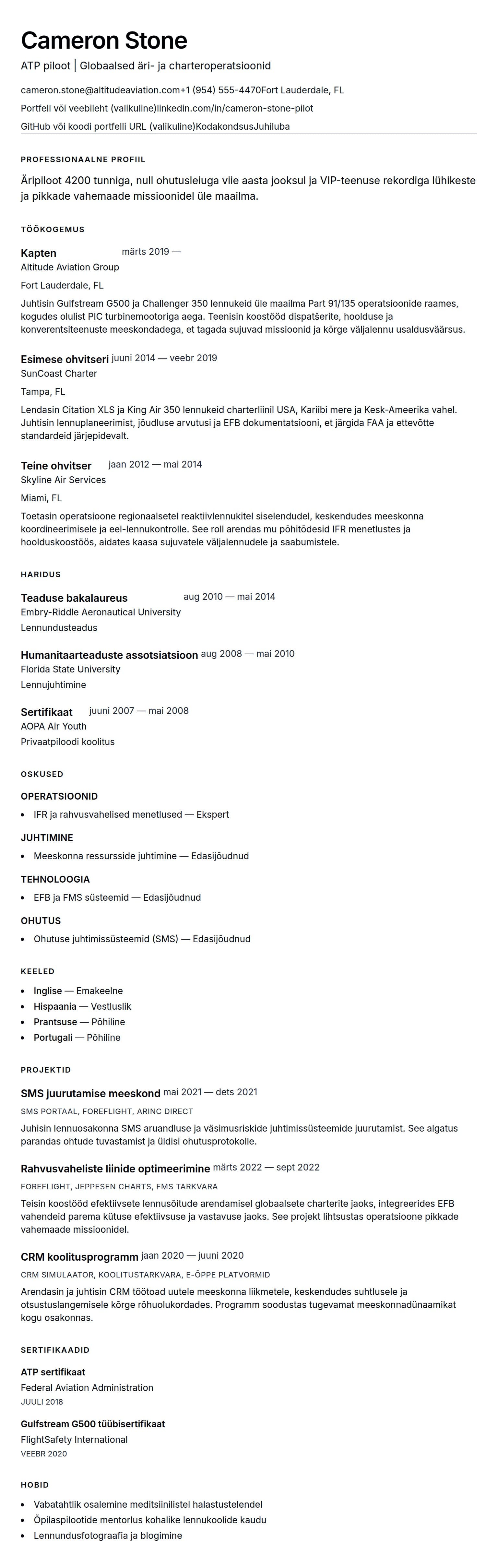 CV eelvaade Piloodi CV näidis jaoks
