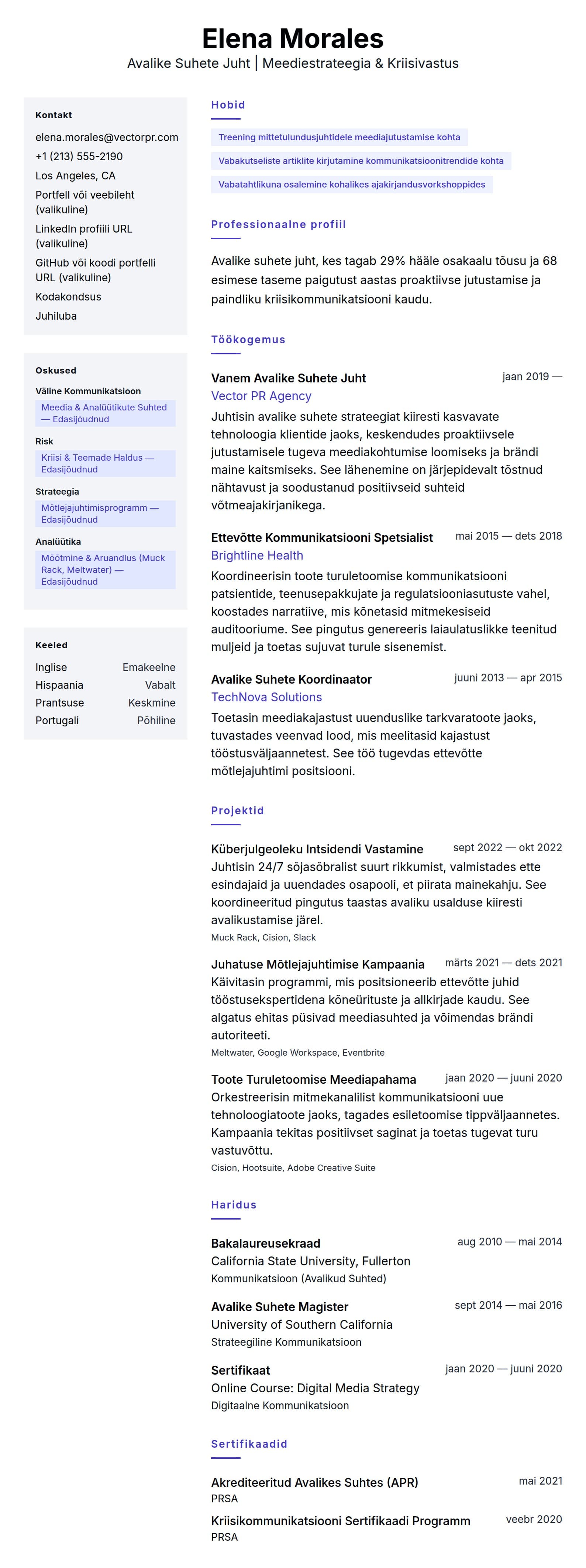CV eelvaade Avalike Suhete Juhi CV Näidis jaoks