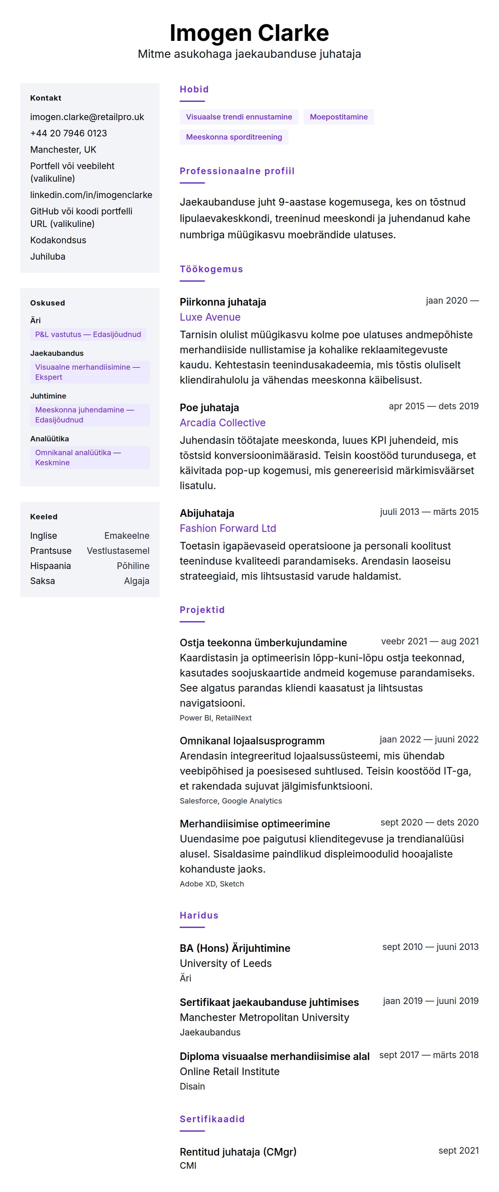 CV eelvaade Jaekaubanduse juhataja CV näidis jaoks