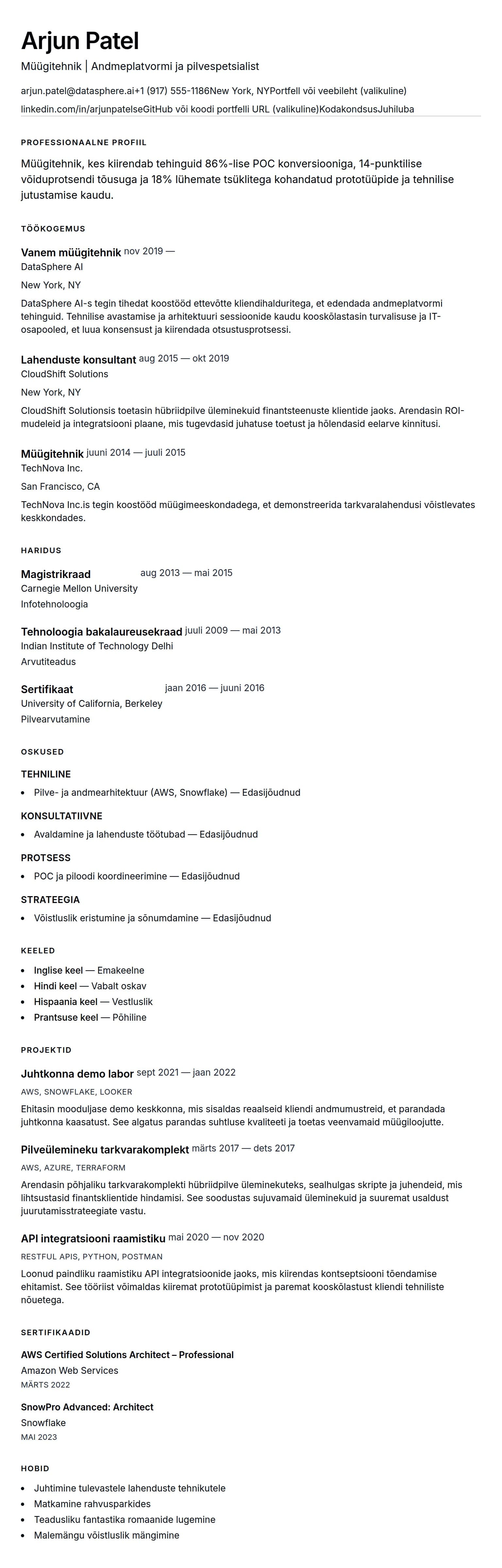 CV eelvaade Müügitehniku CV näidis jaoks