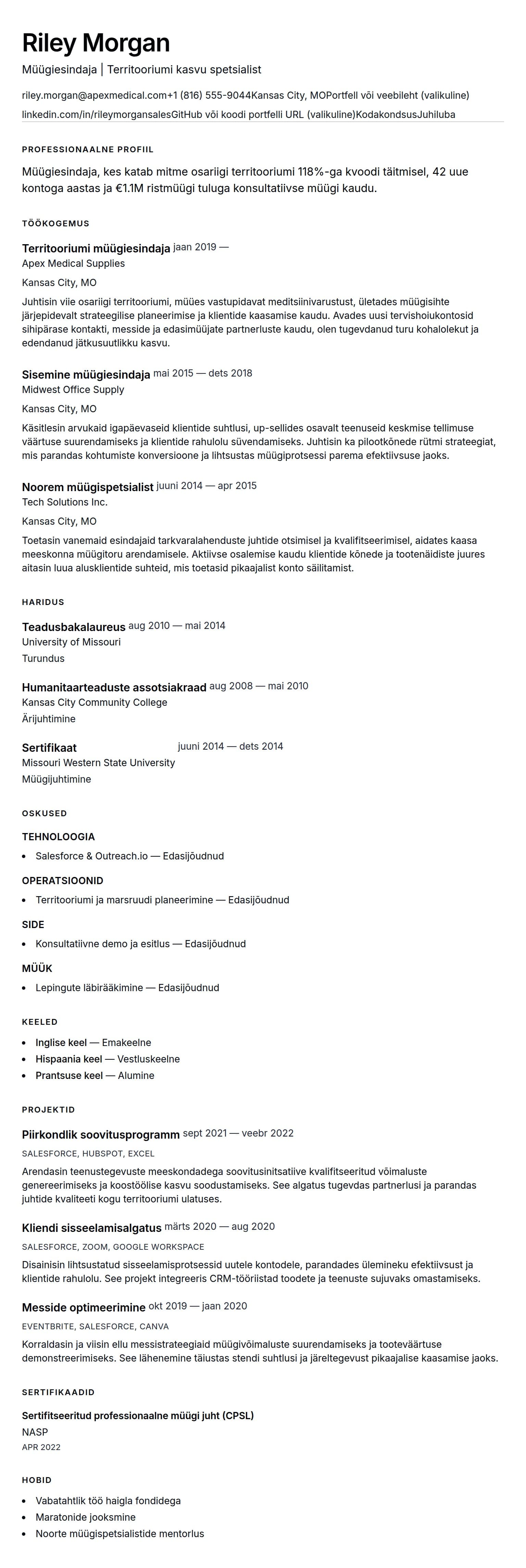 CV eelvaade Müügiesindaja CV näidis jaoks
