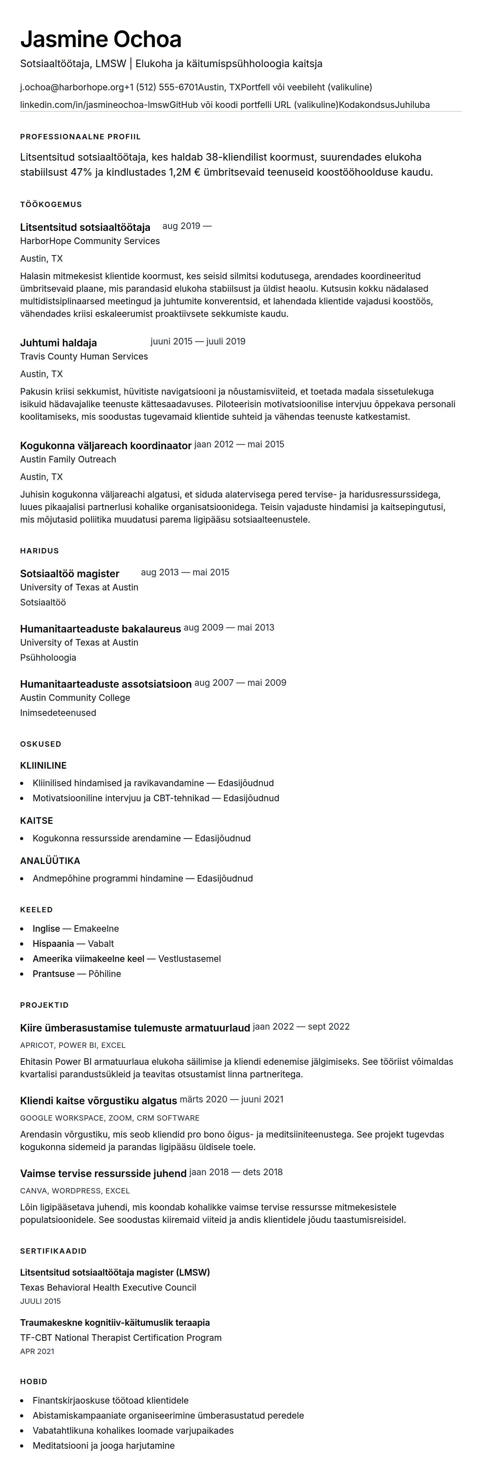 CV eelvaade Sotsiaaltöötaja CV näidis jaoks