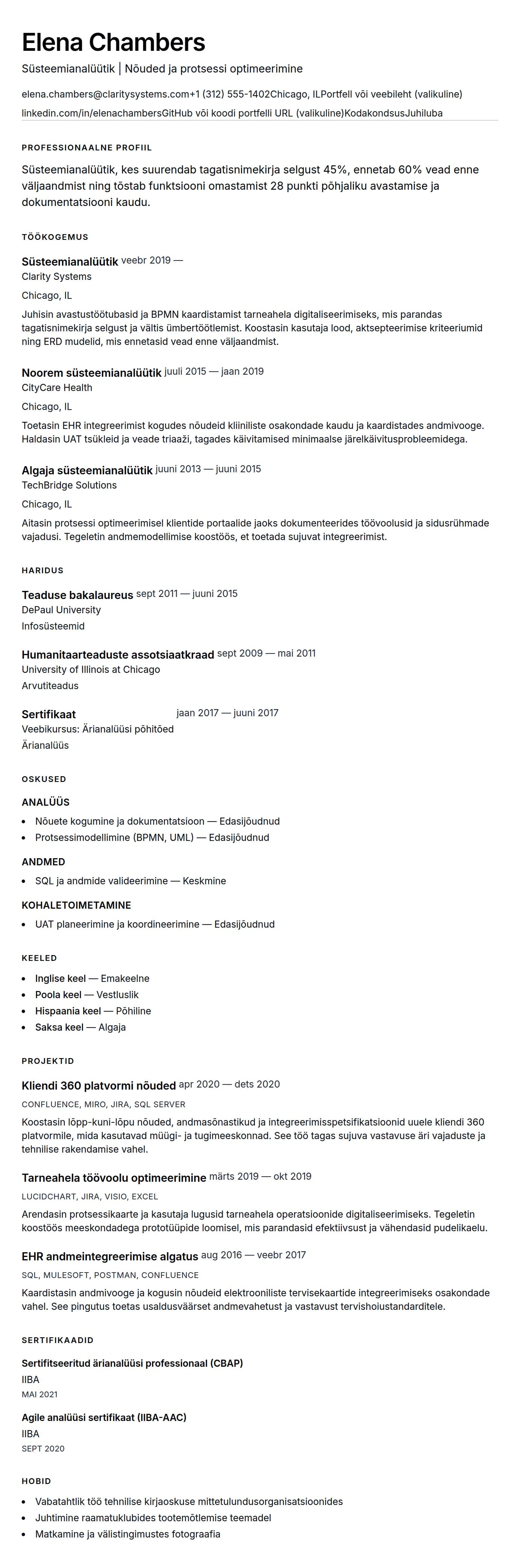 CV eelvaade Süsteemianalüütiku CV näidis jaoks