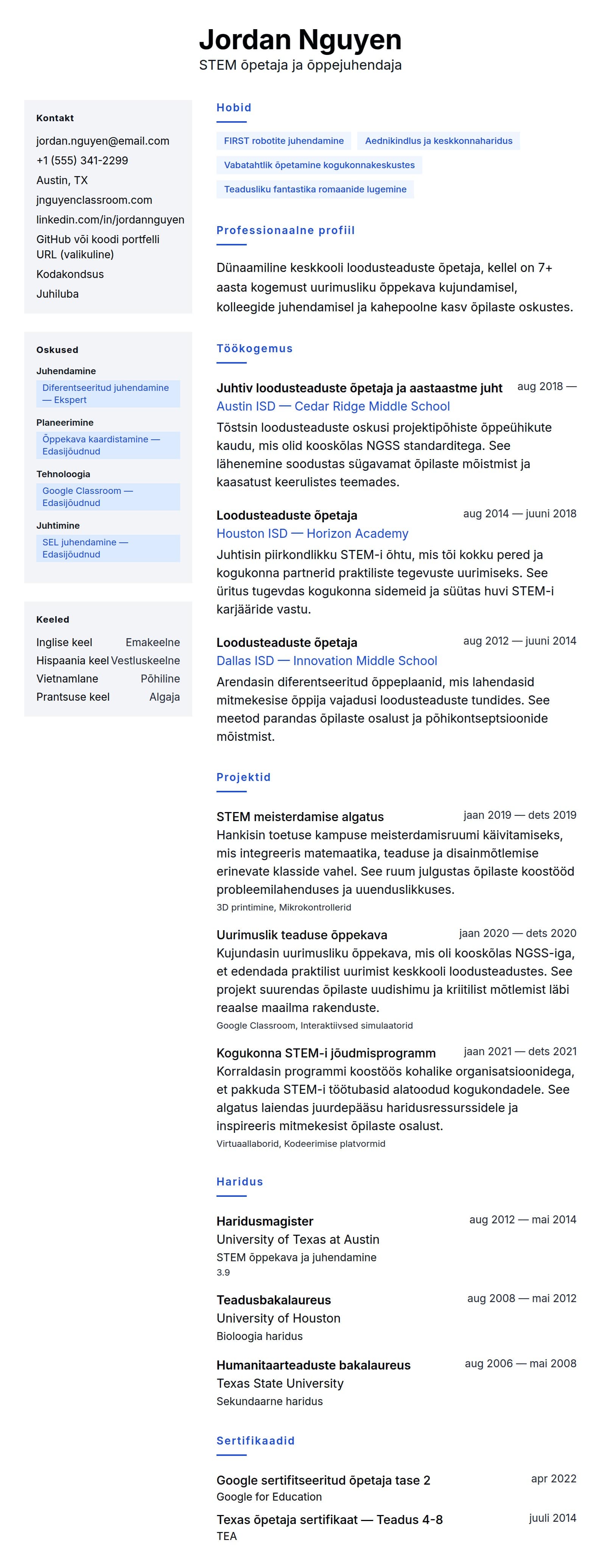 CV eelvaade Õpetaja CV näide jaoks