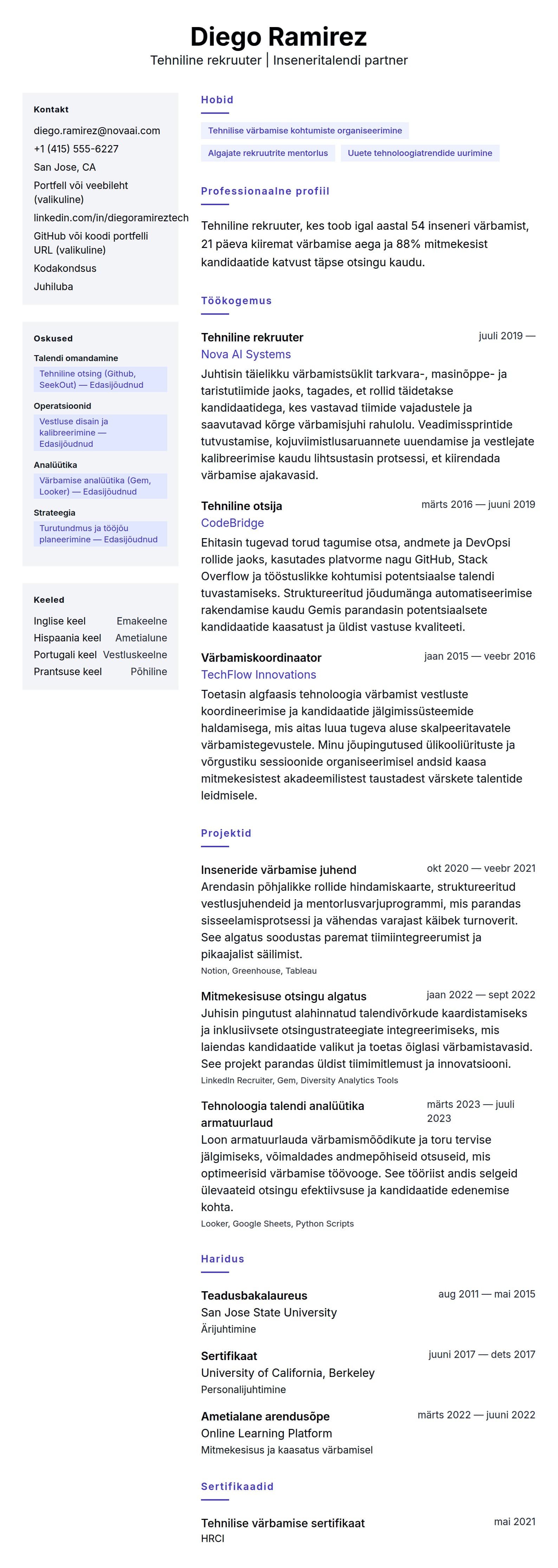 CV eelvaade Tehnilise rekruuteri CV näide jaoks