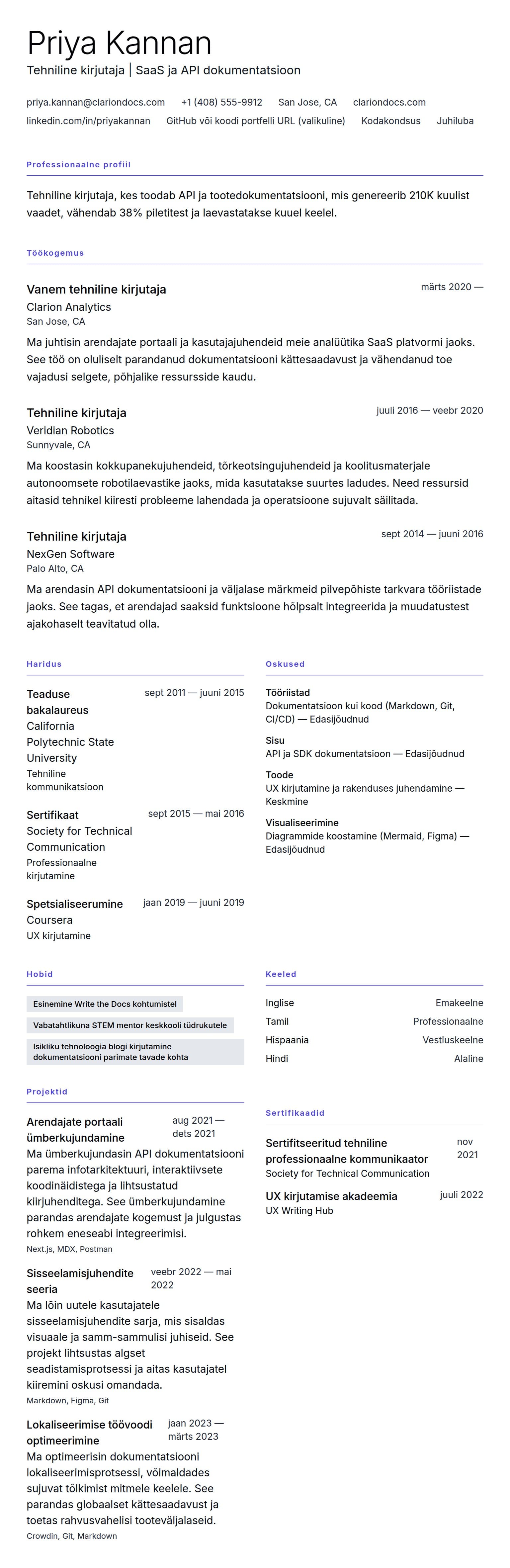 CV eelvaade Tehnilise kirjutaja CV näide jaoks