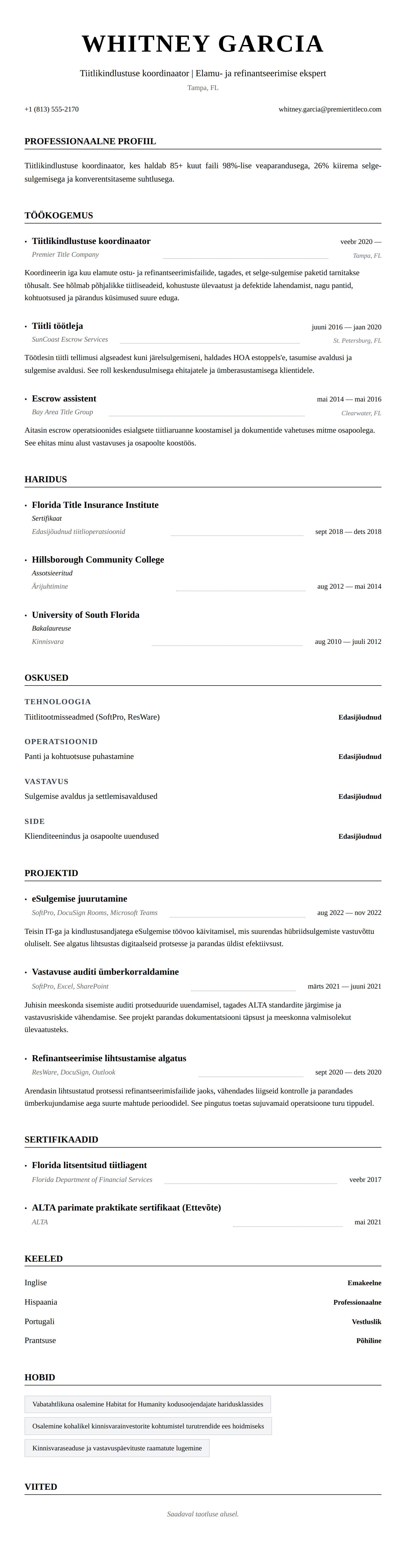 CV eelvaade Tiitlikindlustuse koordinaatori CV näide jaoks