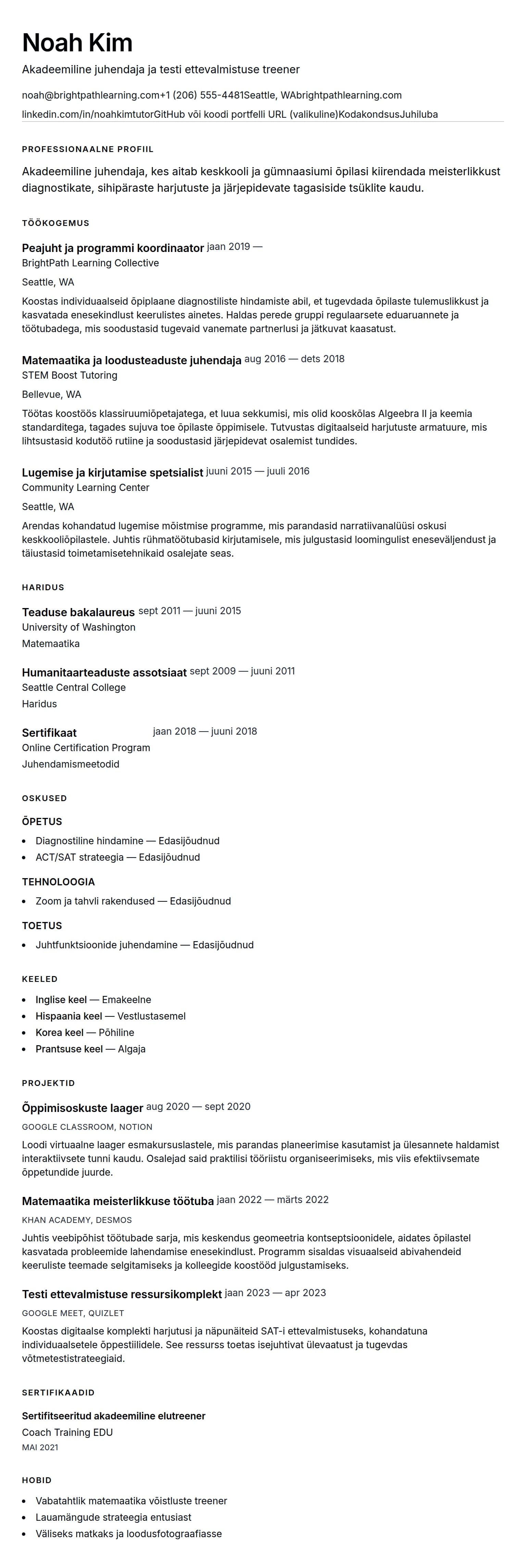 CV eelvaade Juhendaja CV näide jaoks