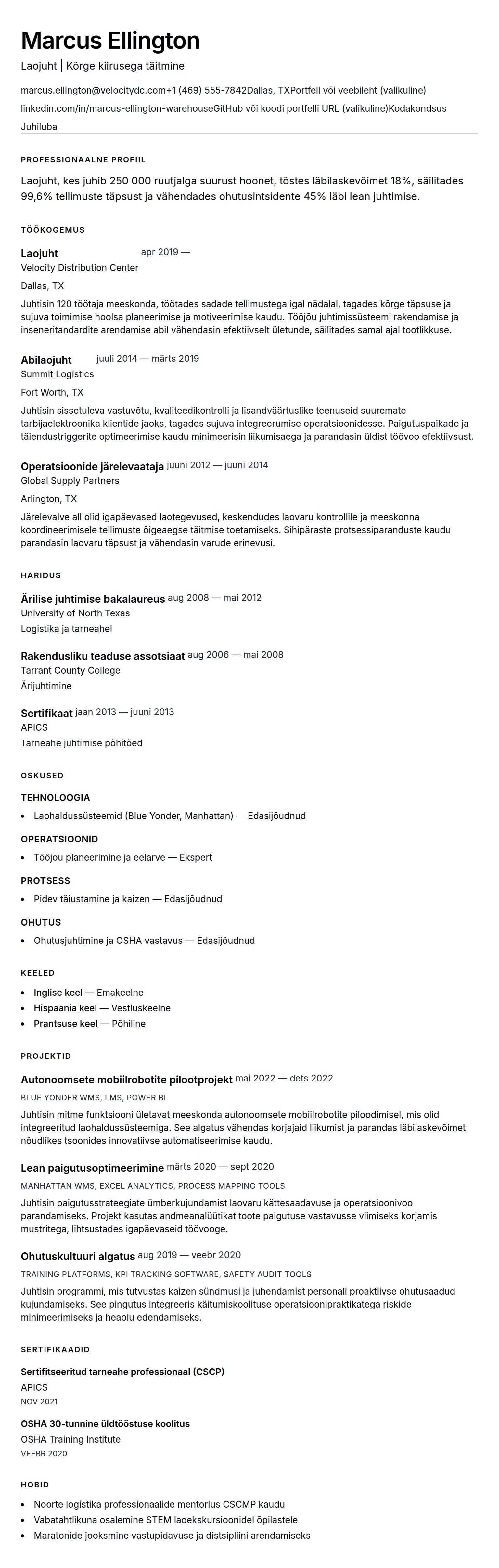 CV eelvaade Laojuhi CV näide jaoks