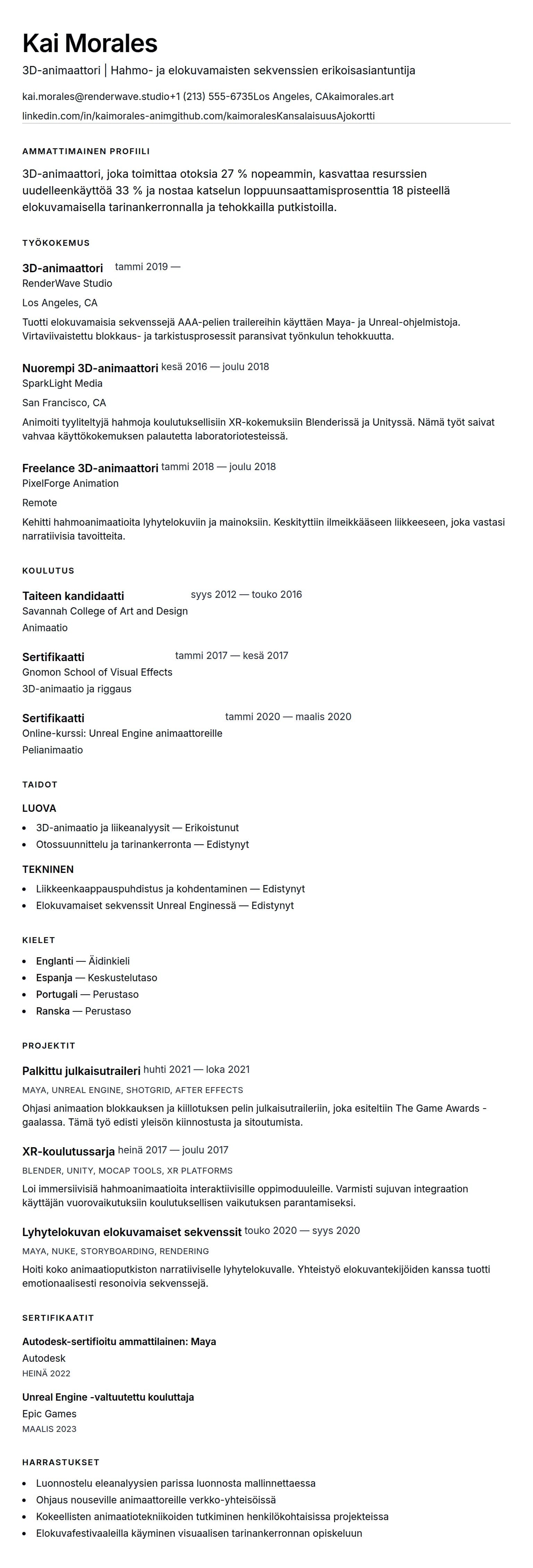 Ansioluetteloesikatselu kohteelle 3D-animaattorin CV-esimerkki