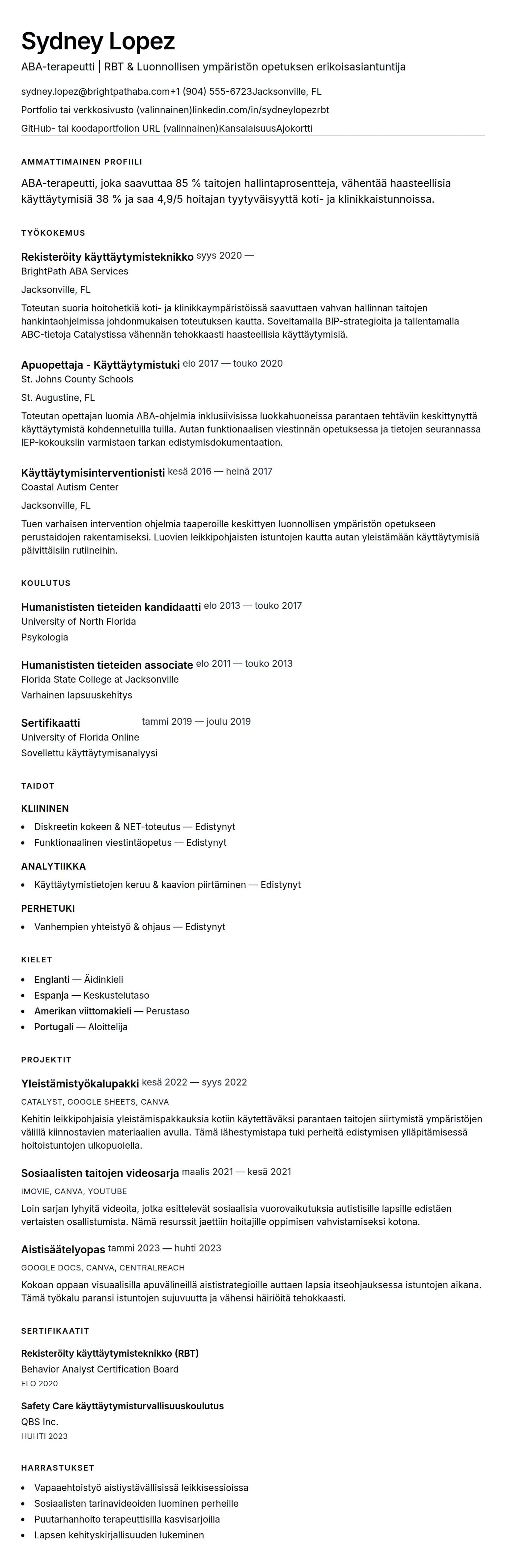Ansioluetteloesikatselu kohteelle ABA-terapeutin ansioluetteloesimerkki