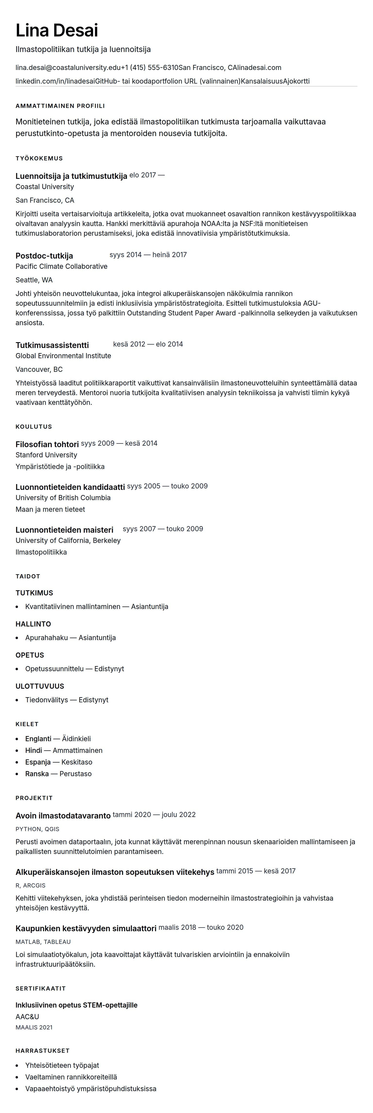 Ansioluetteloesikatselu kohteelle Akateemisen ansioluettelon esimerkki
