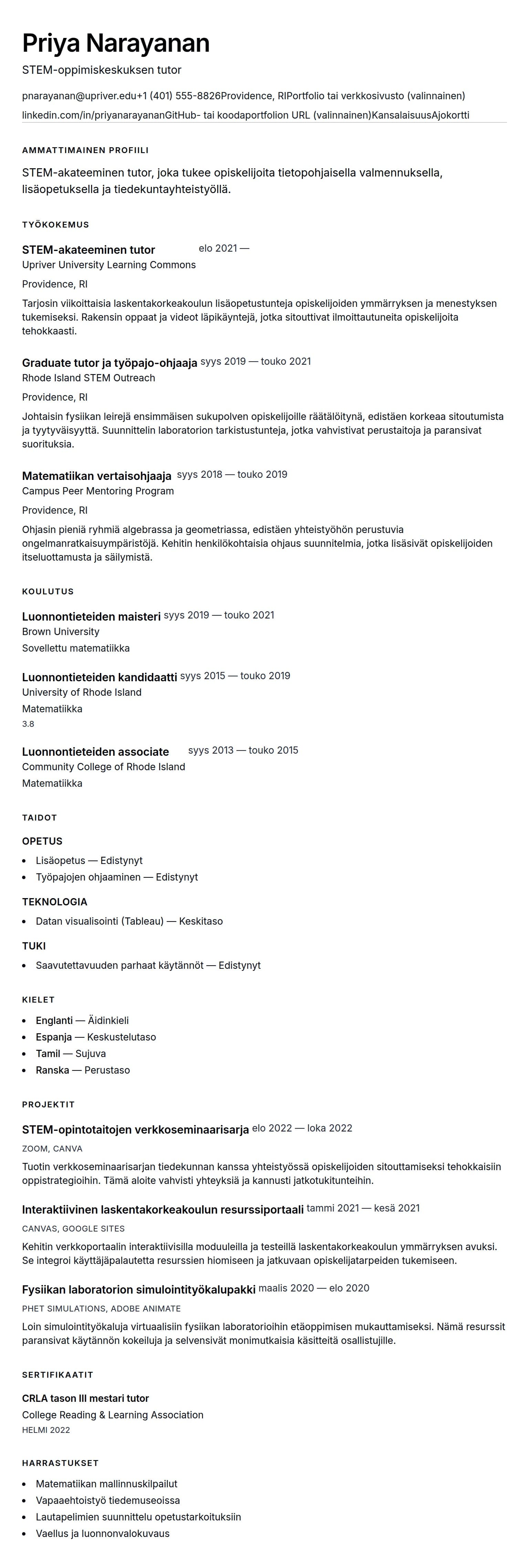 Ansioluetteloesikatselu kohteelle Akateemisen tutorin ansioluetteloesimerkki